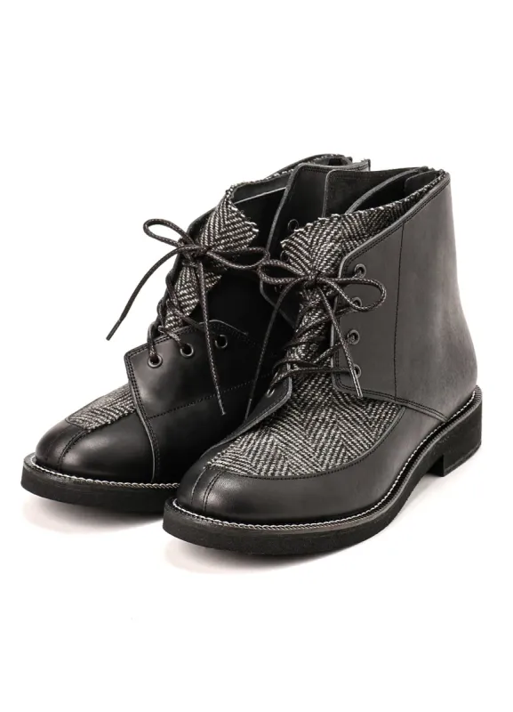 SMOOTH LEATHER/WOOL HERRINGBONE COMBI LACE-UP BOOTS sold by Yohji Yamamoto