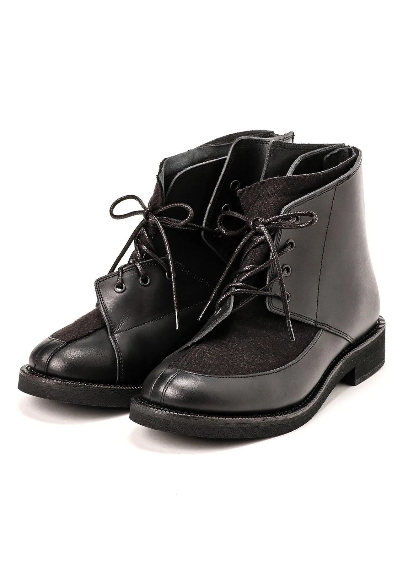 SMOOTH LEATHER/WOOL HERRINGBONE COMBI LACE-UP BOOTS sold by Yohji Yamamoto
