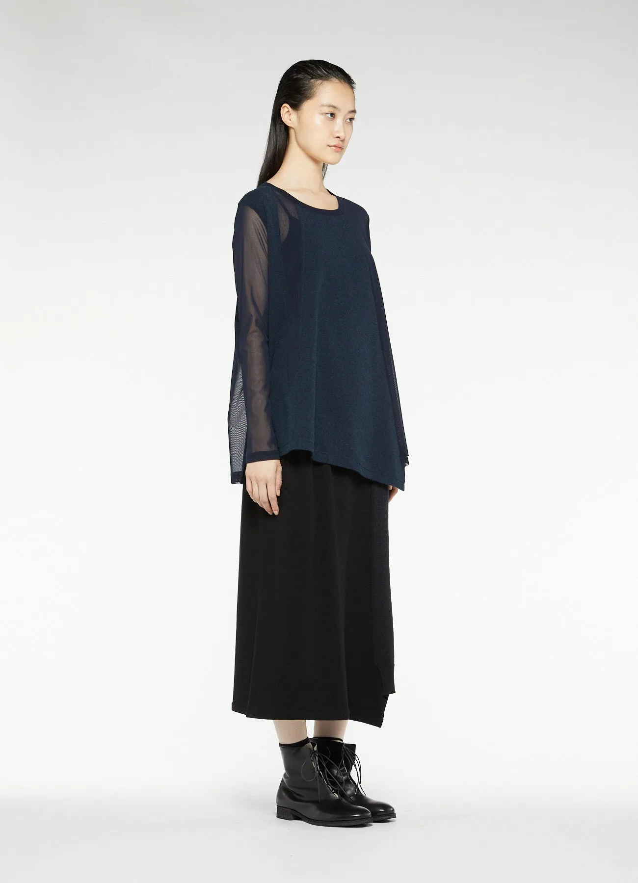 POLYESTER TULLE x WOOL NEEDLE PUNCH HEM FLARE LONG SLEEVE T-SHIRT sold by Yohji Yamamoto product image thumbnail 5