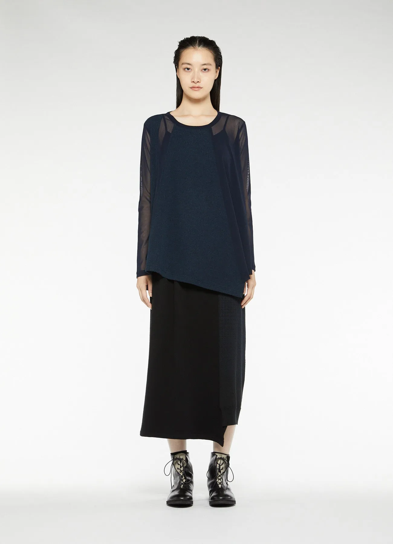 POLYESTER TULLE x WOOL NEEDLE PUNCH HEM FLARE LONG SLEEVE T-SHIRT sold by Yohji Yamamoto product image thumbnail 4