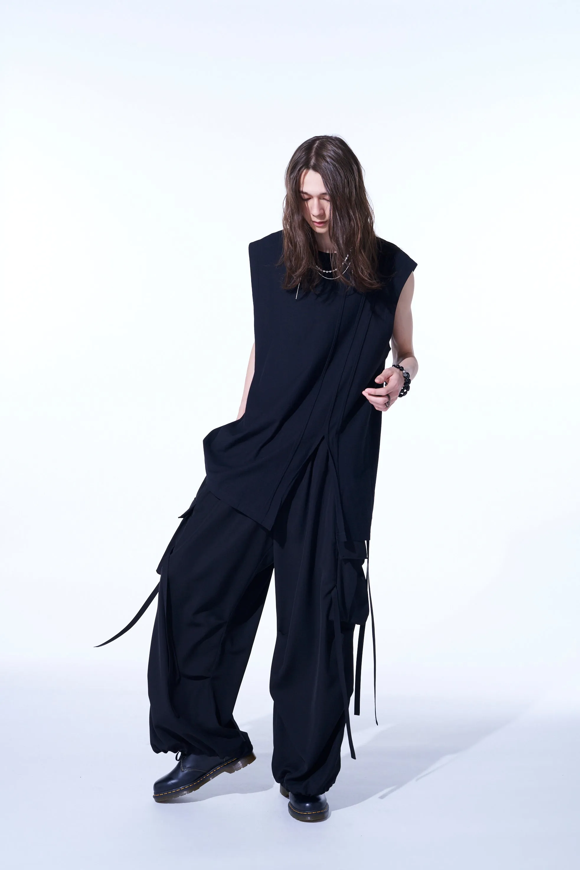 COTTON JERSEY VERTICALLY GRAFTED SLEEVELESS TOP WITH HEM SLIT sold by Yohji Yamamoto product image thumbnail 3