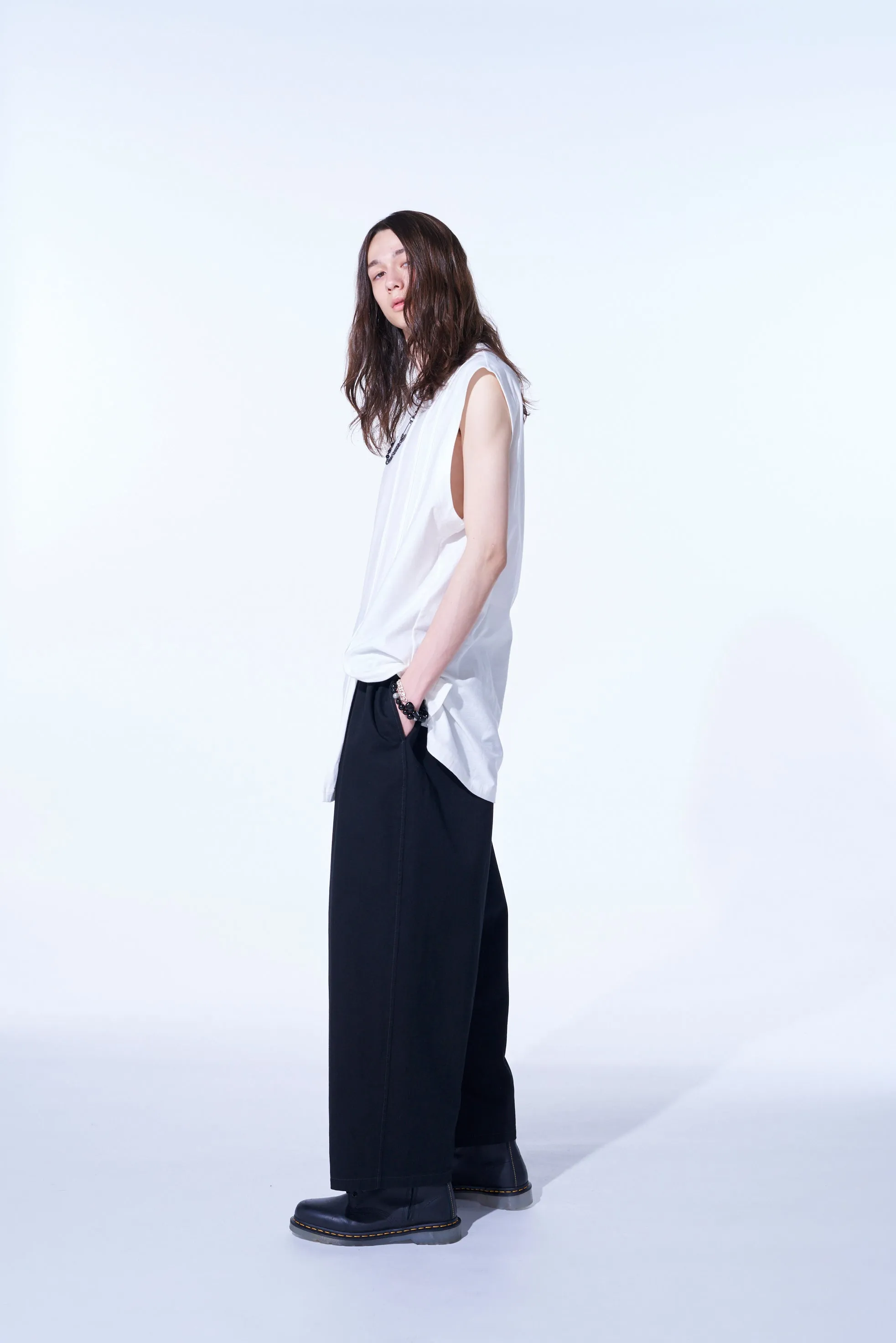 COTTON JERSEY VERTICALLY GRAFTED SLEEVELESS TOP WITH HEM SLIT sold by Yohji Yamamoto product image thumbnail 3