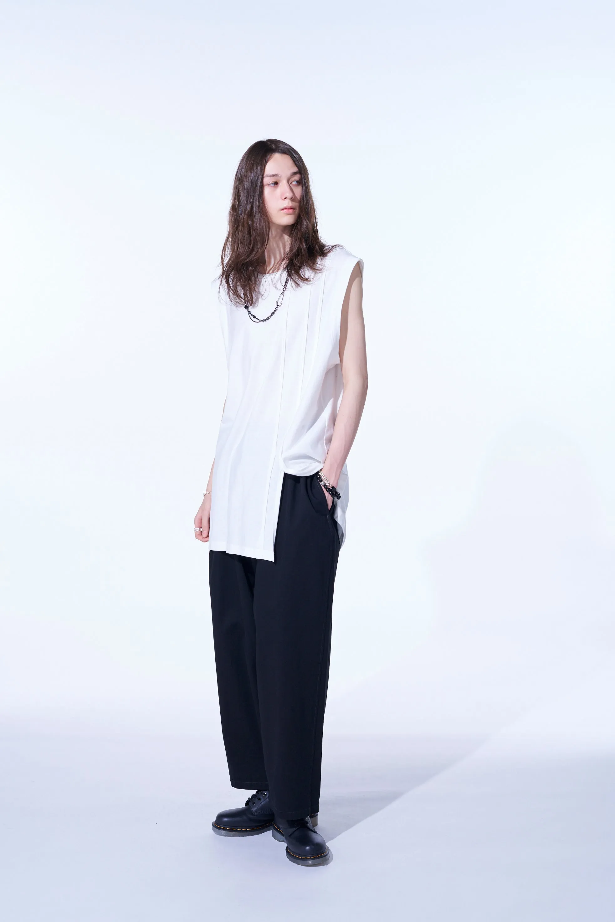 COTTON JERSEY VERTICALLY GRAFTED SLEEVELESS TOP WITH HEM SLIT sold by Yohji Yamamoto product image thumbnail 2
