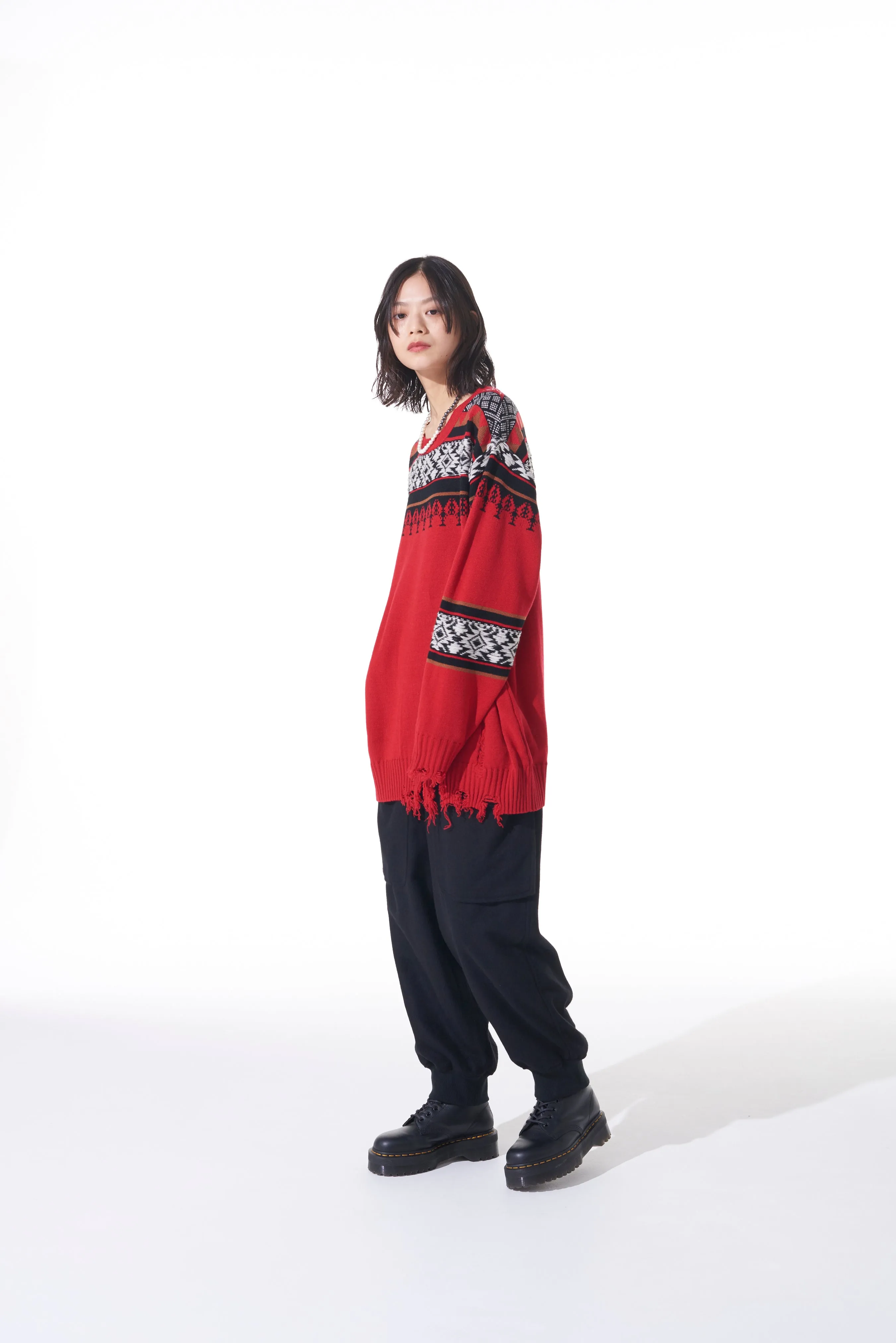BULKY WOOL NORDIC PATTERN DAMAGED ROUND NECK KNIT sold by Yohji Yamamoto product image thumbnail 3