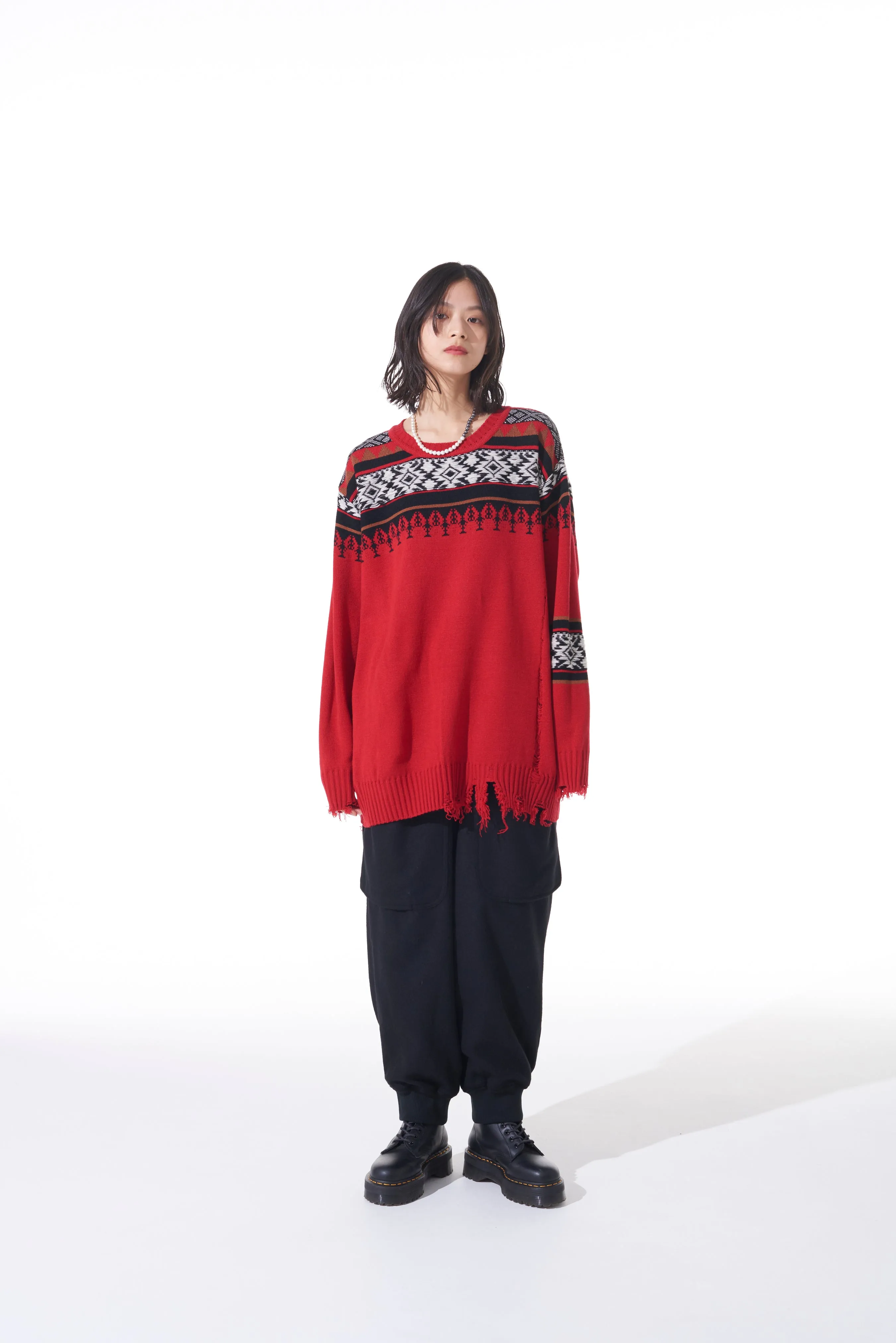 BULKY WOOL NORDIC PATTERN DAMAGED ROUND NECK KNIT sold by Yohji Yamamoto product image thumbnail 2