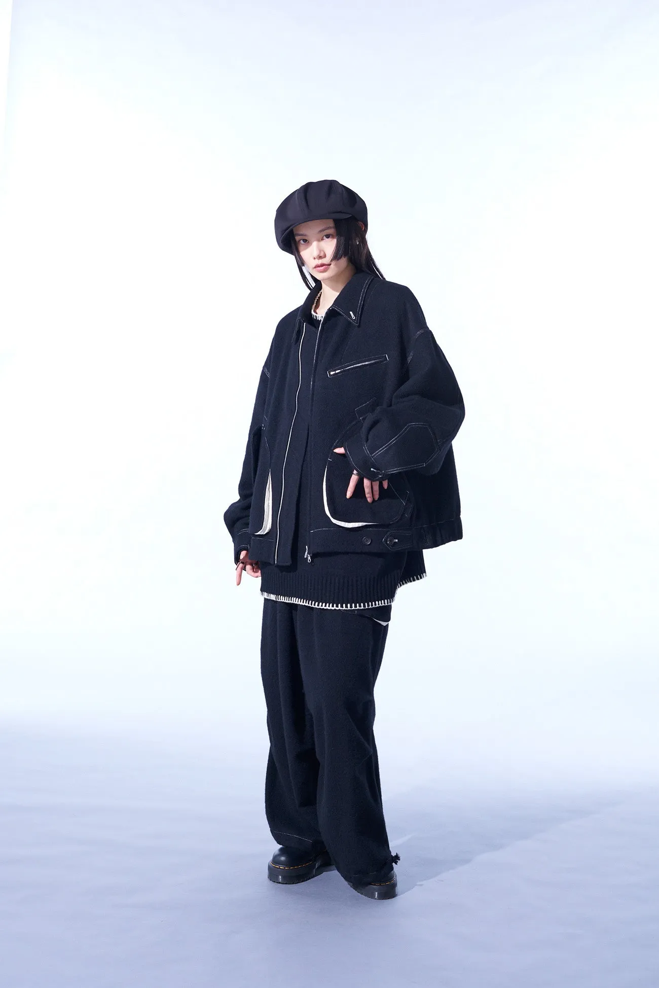 ECO WOOL BEAVER WHITE STITCH CARGO PANTS WITH ASYMMETRICAL POCKETS sold by Yohji Yamamoto product image thumbnail 2