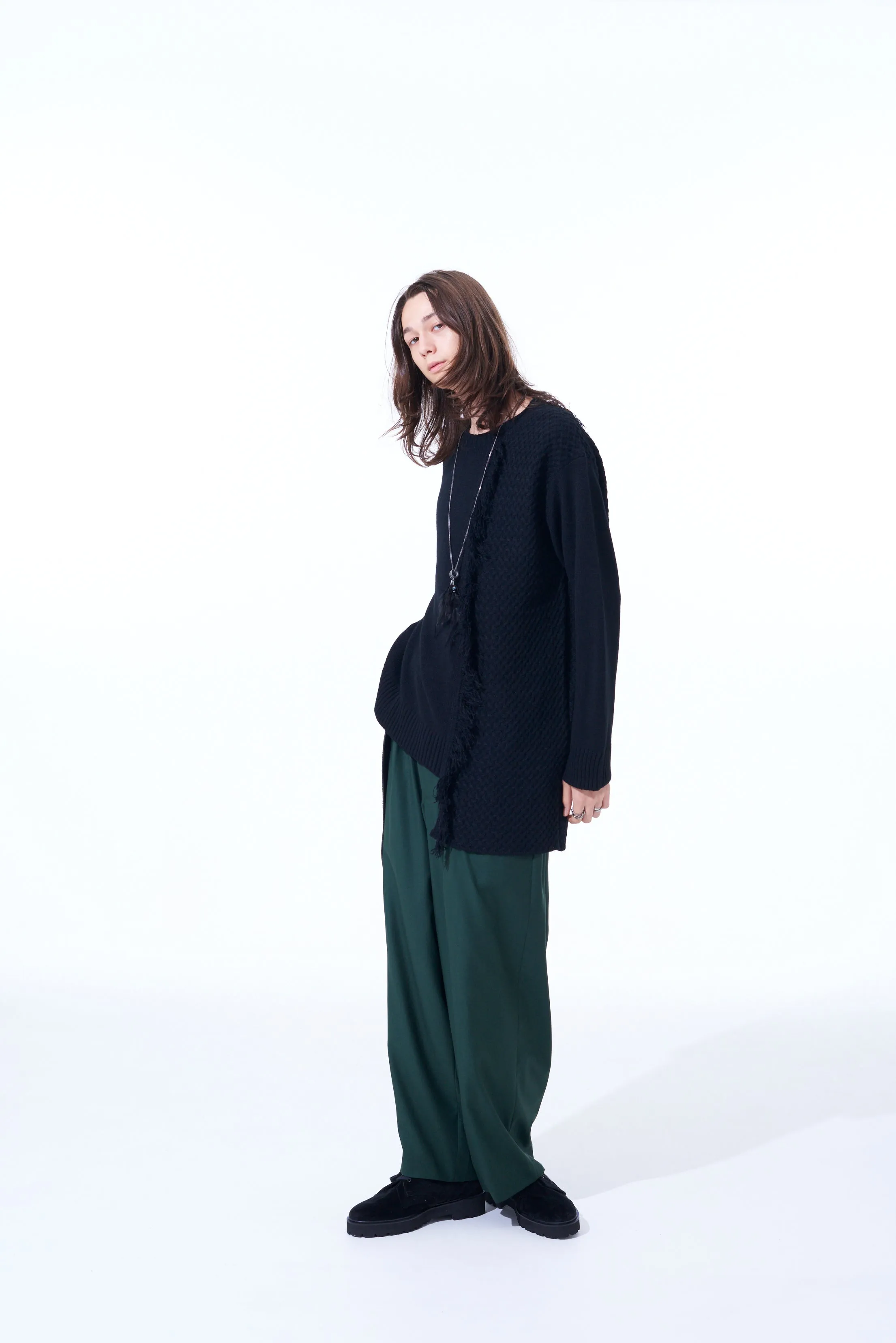 ASYMMETRICAL DESIGN KNIT WITH FRINGE DETAIL SWITCHED TO JACQUARD KNITTING sold by Yohji Yamamoto product image thumbnail 2