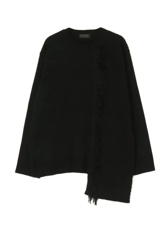ASYMMETRICAL DESIGN KNIT WITH FRINGE DETAIL SWITCHED TO JACQUARD KNITTING made by Yohji Yamamoto