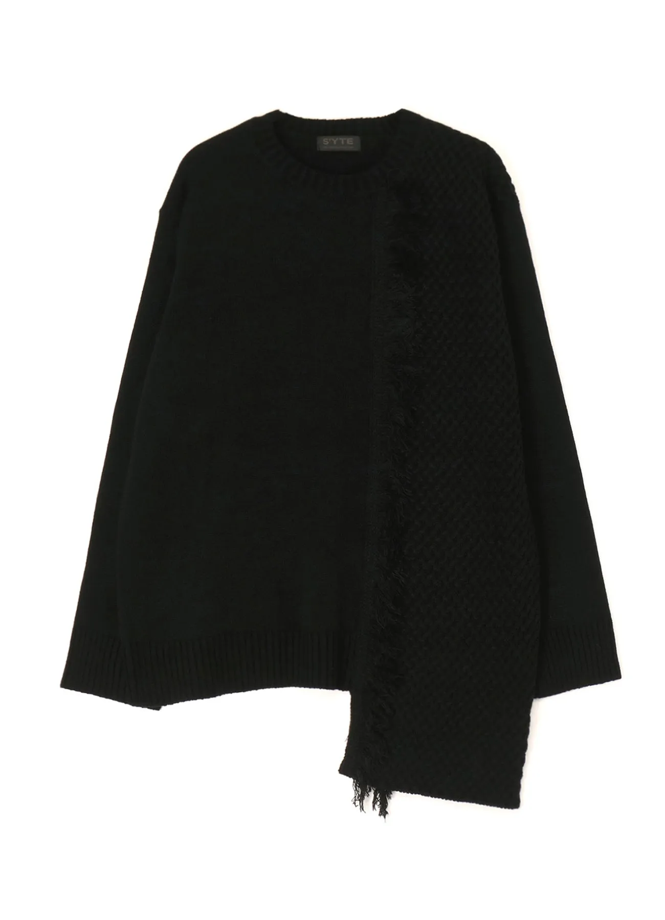 ASYMMETRICAL DESIGN KNIT WITH FRINGE DETAIL SWITCHED TO JACQUARD KNITTING sold by Yohji Yamamoto