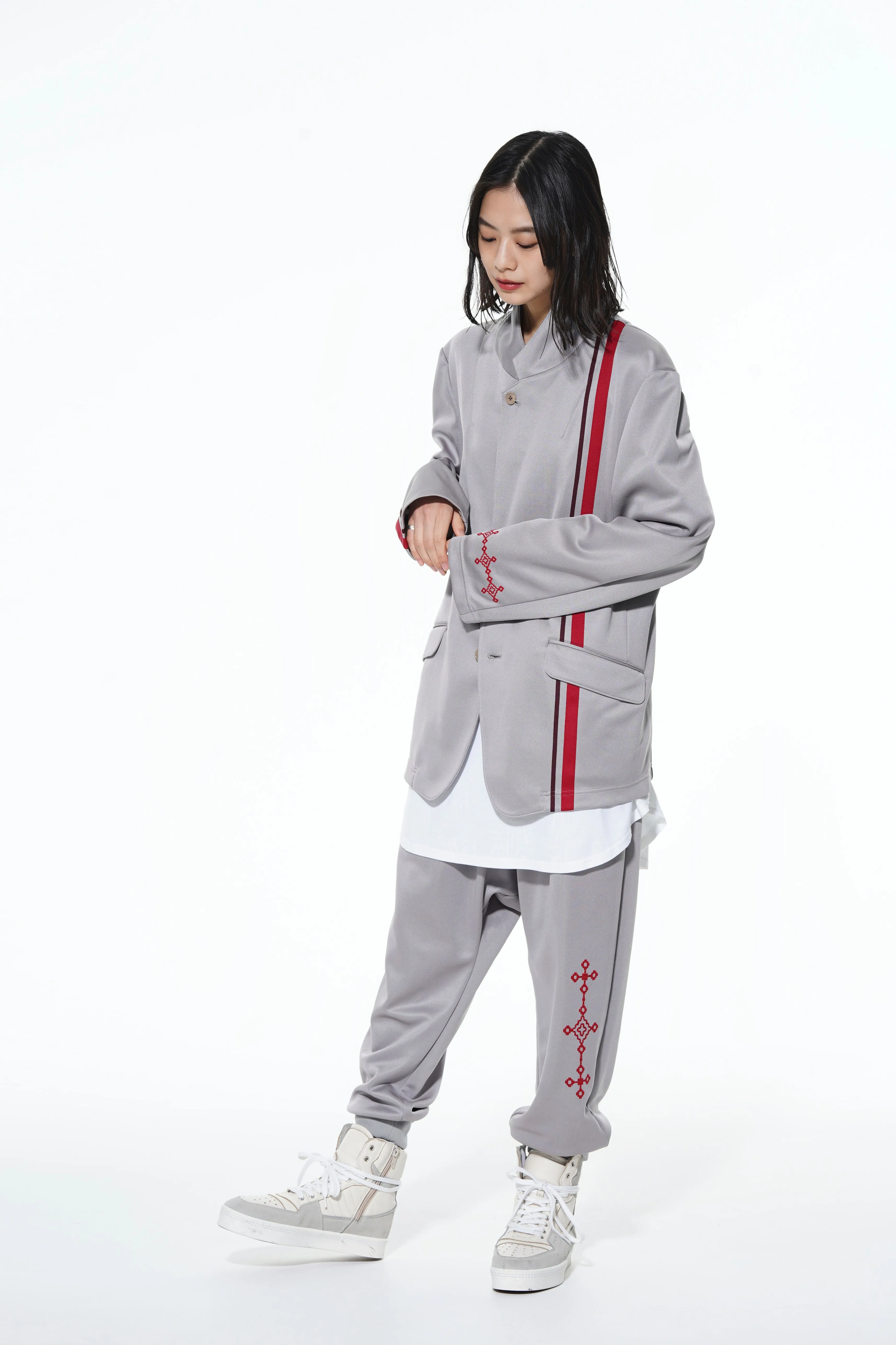 PE/SMOOTH JERSEY GEOMETRIC PATTERN EMBROIDERY SIDE TAPE LINE SAROUEL RIB PANTS sold by Yohji Yamamoto product image thumbnail 2