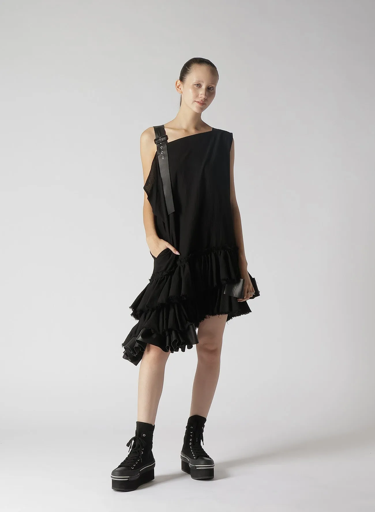 COTTON LINEN RAYON LAWN DRESS WITH GATHERED SKIRT sold by Yohji Yamamoto product image thumbnail 5