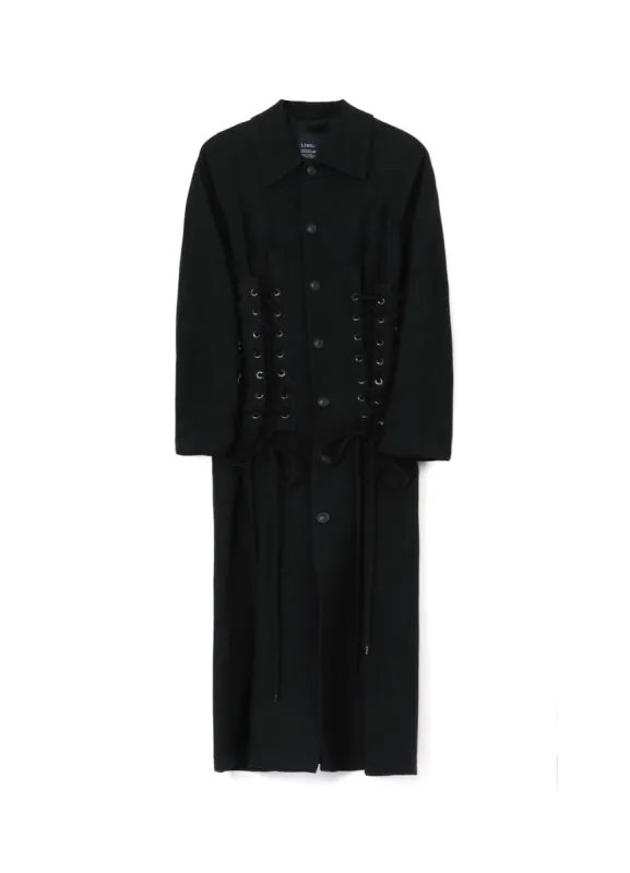 LOW TWIST SERGE COAT WITH LACE-UP DETAILS sold by Yohji Yamamoto