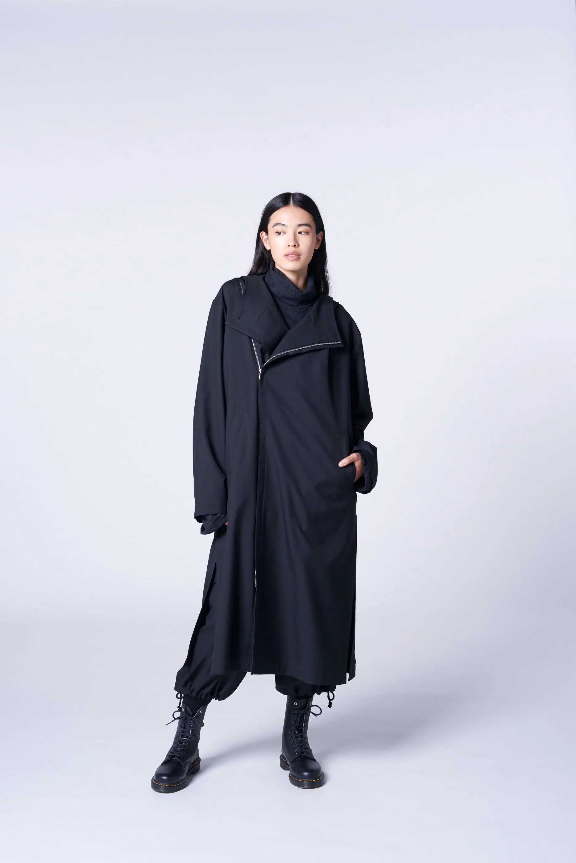 WOOL/POLYESTER GABARDINE DOUBLE BREASTED LONG HOODIE sold by Yohji Yamamoto product image thumbnail 2