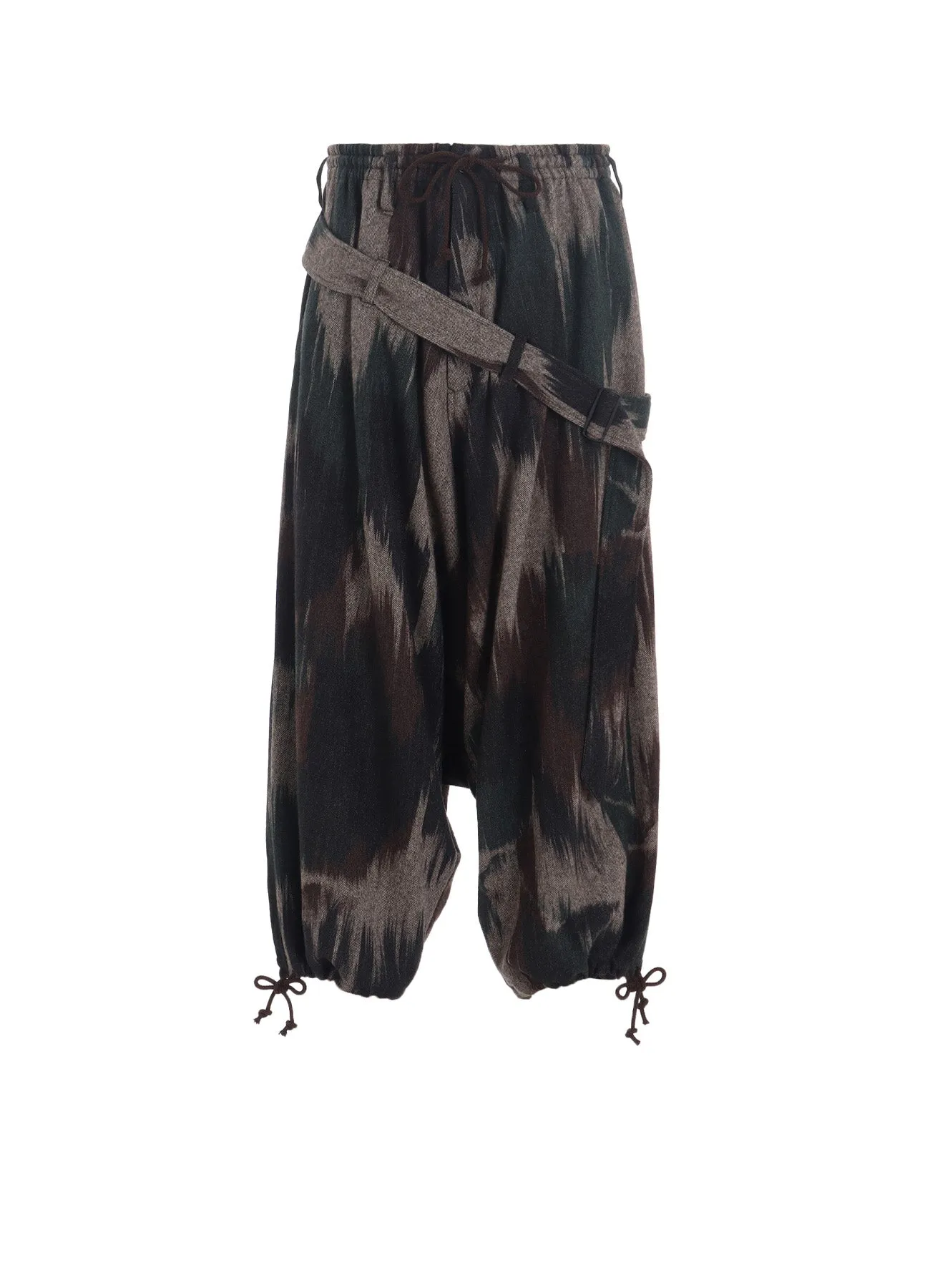 CAMOUFLAGE TWEED BELTED BALLOON SAROUEL PANTS sold by Yohji Yamamoto