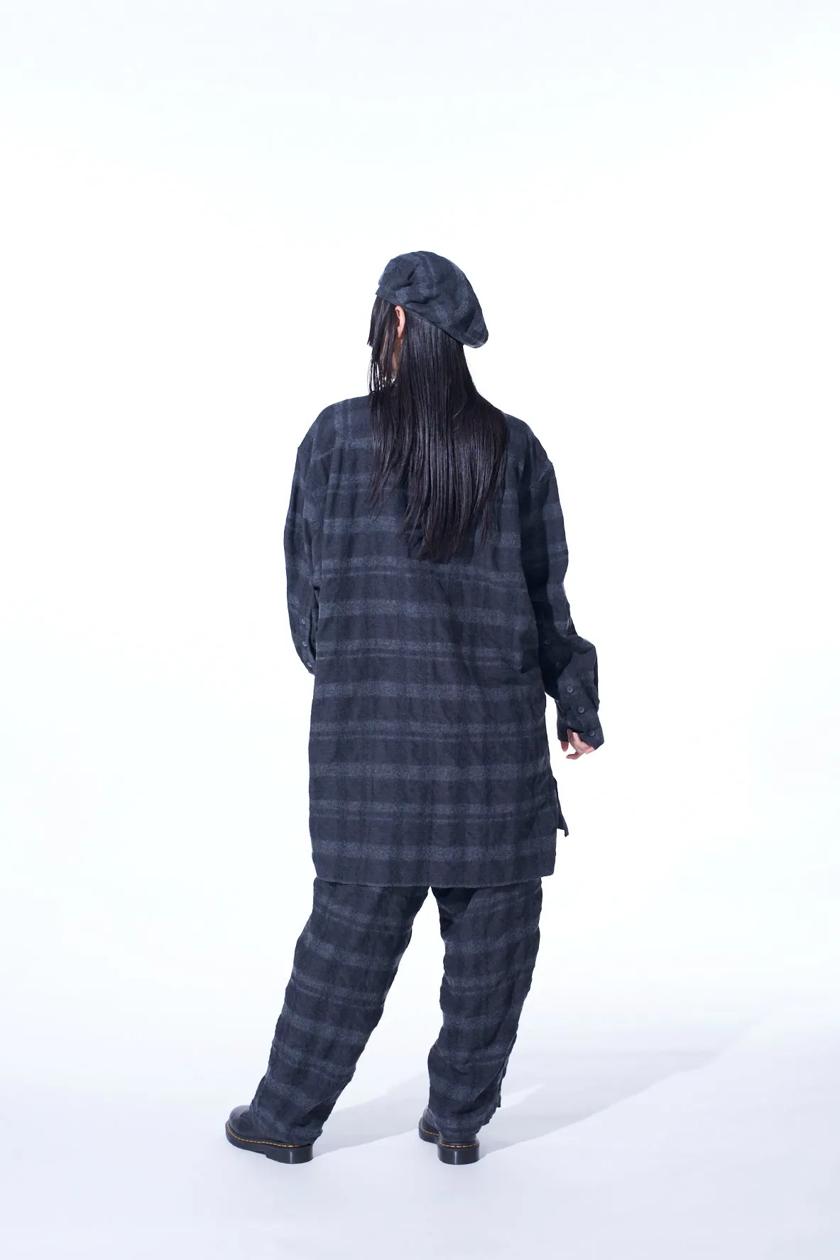 FULLING FINISHED SHADOW CHECK MULTI-BUTTONED SLEEVES STAND COLLAR SHIRT sold by Yohji Yamamoto product image thumbnail 4