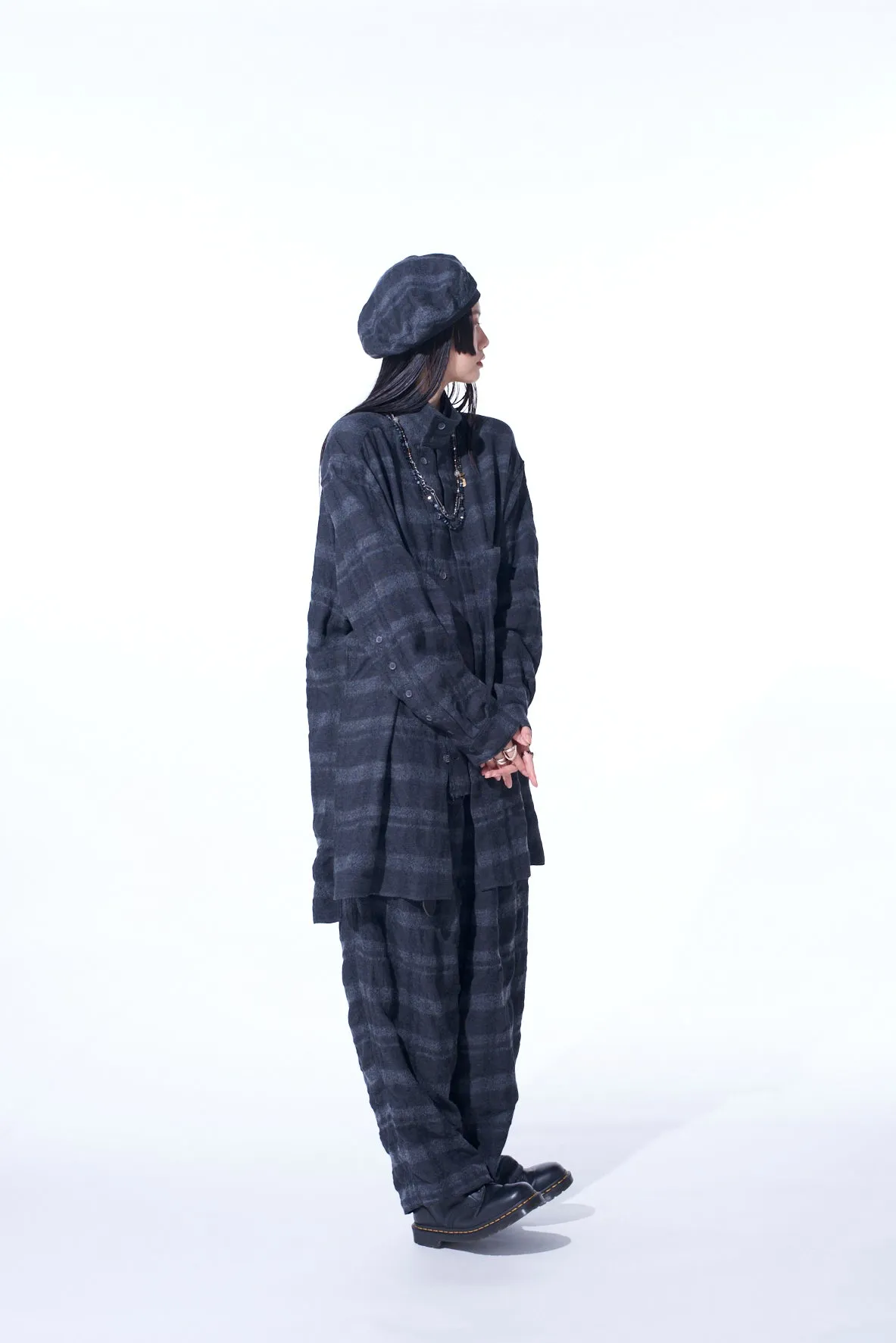 FULLING FINISHED SHADOW CHECK MULTI-BUTTONED SLEEVES STAND COLLAR SHIRT sold by Yohji Yamamoto product image thumbnail 5