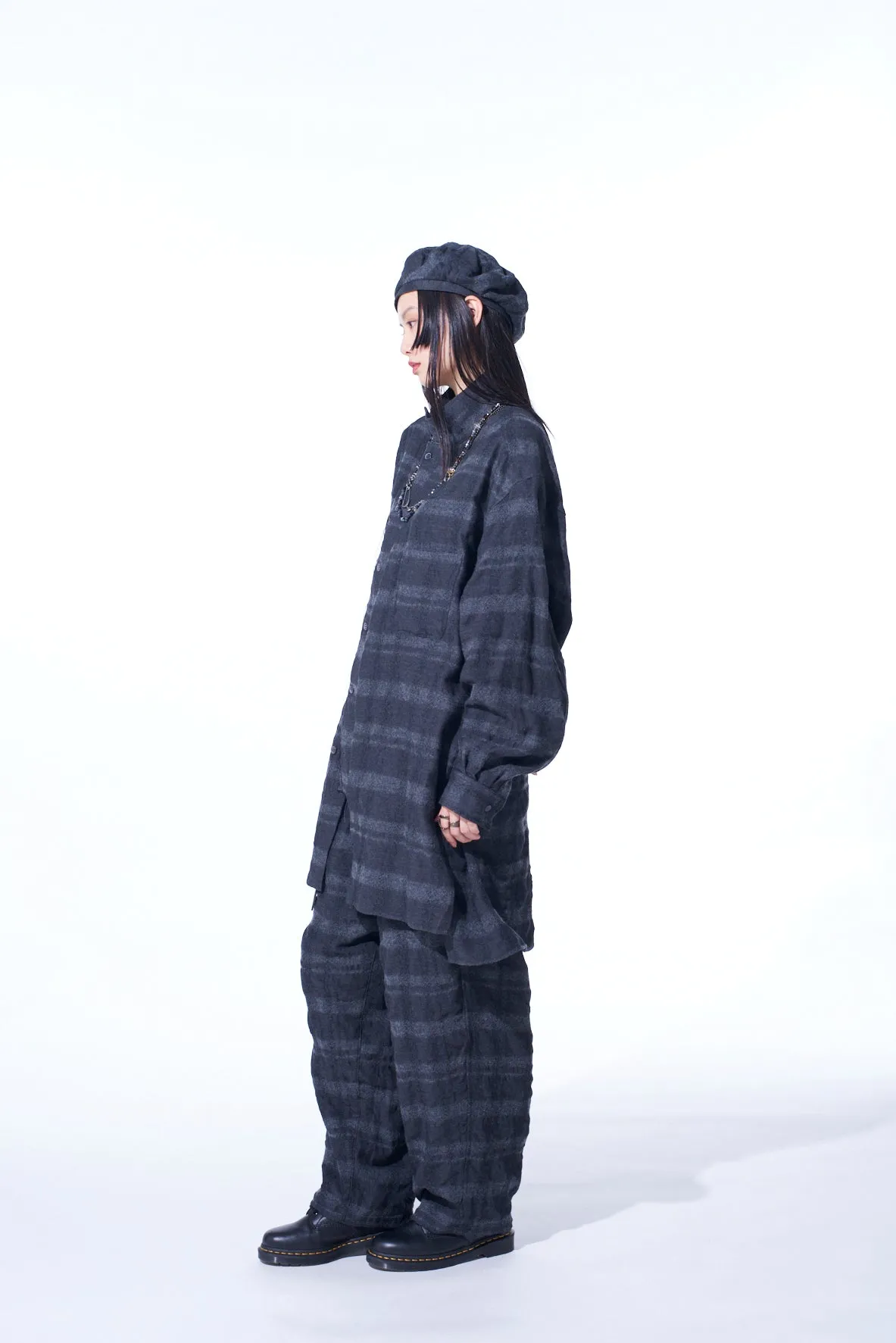FULLING FINISHED SHADOW CHECK MULTI-BUTTONED SLEEVES STAND COLLAR SHIRT sold by Yohji Yamamoto product image thumbnail 3