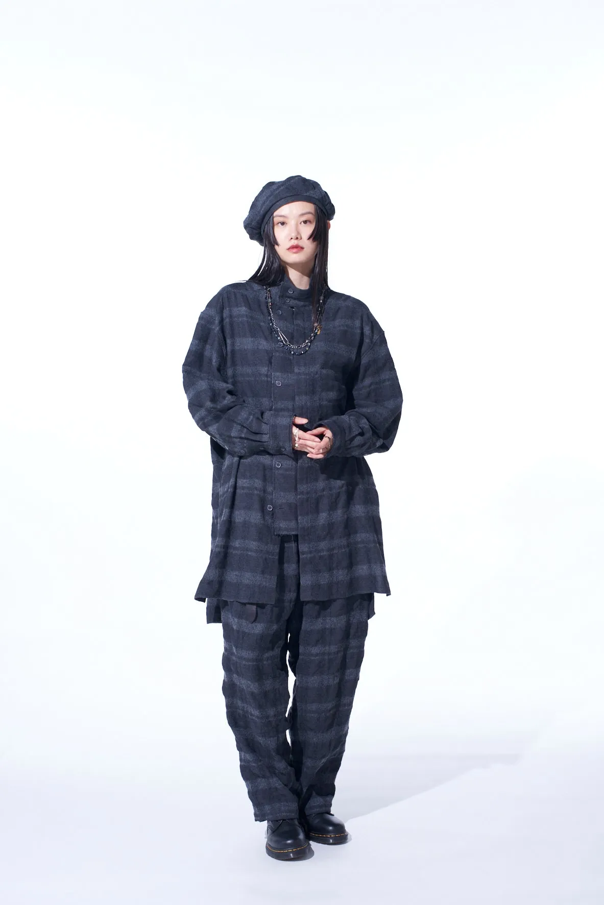 FULLING FINISHED SHADOW CHECK MULTI-BUTTONED SLEEVES STAND COLLAR SHIRT sold by Yohji Yamamoto product image thumbnail 2