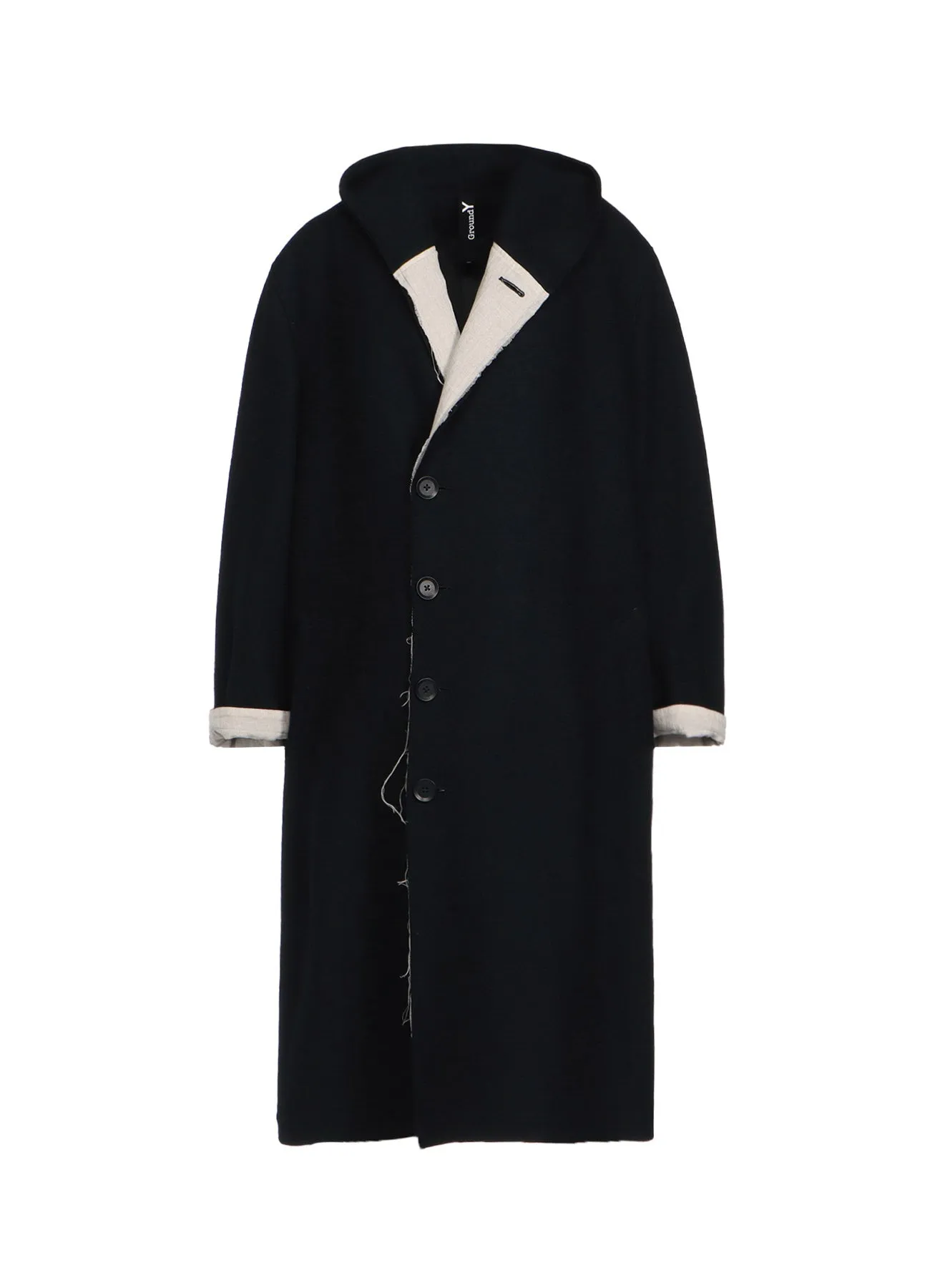 WOOL COMPRESSED BOUCLE TRUNCATED HOOD COAT sold by Yohji Yamamoto