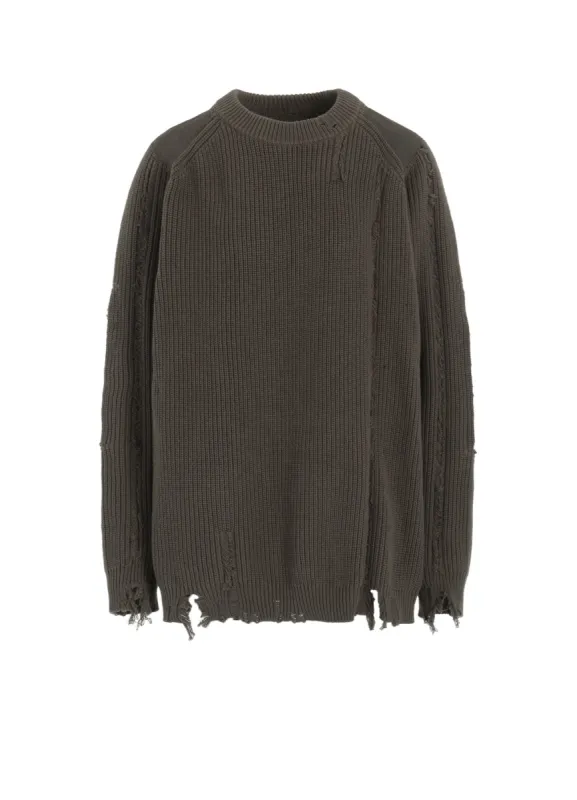 COTTON CREWNECK DISTRESSED KNIT PULLOVER sold by Yohji Yamamoto