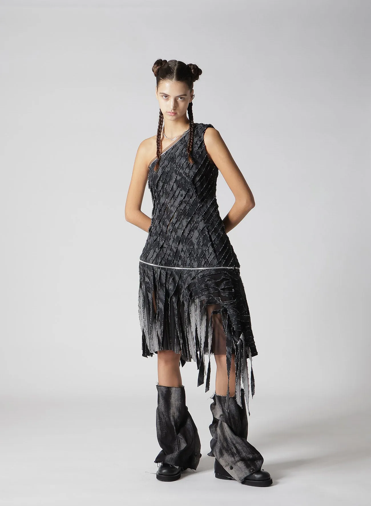 DENIM WITH SLASH DETAIL ZIP ONE SHOULDER DRESS sold by Yohji Yamamoto product image thumbnail 4