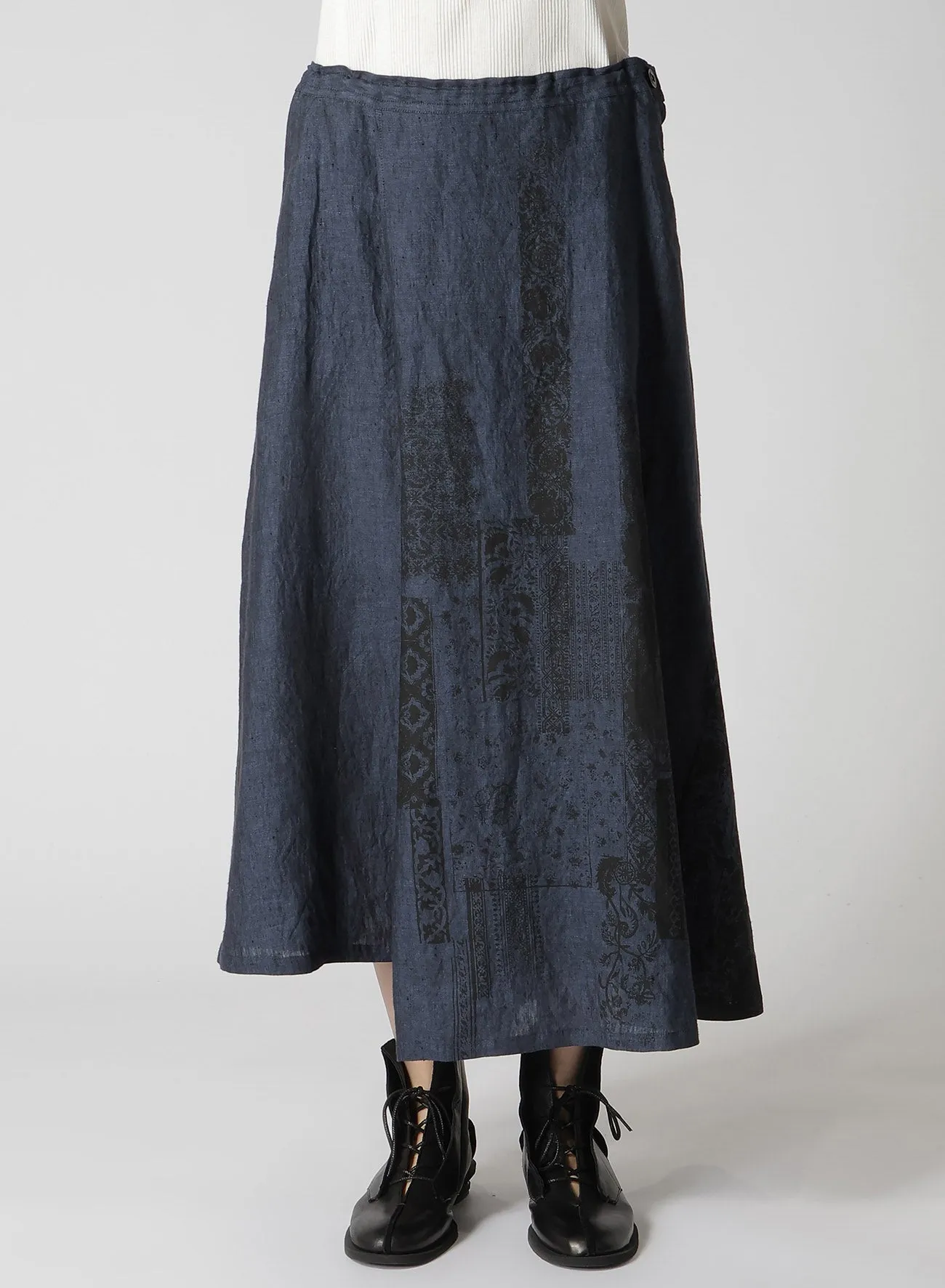 LINEN CHAMBRAY ETHNIC PATCHWORK PRINT PANTS SKIRT sold by Yohji Yamamoto product image thumbnail 4