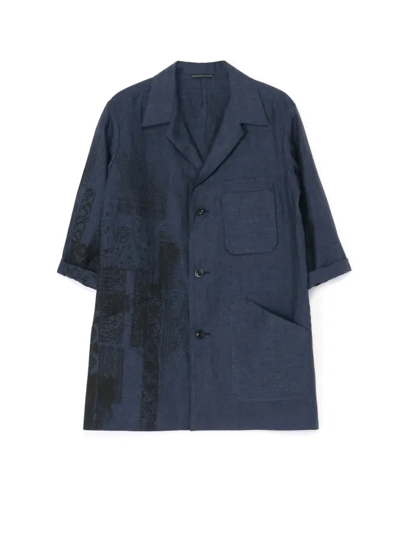 LINEN CHAMBRAY ETHNIC PATCHWORK PRINT 3/4 WORK JACKET sold by Yohji Yamamoto