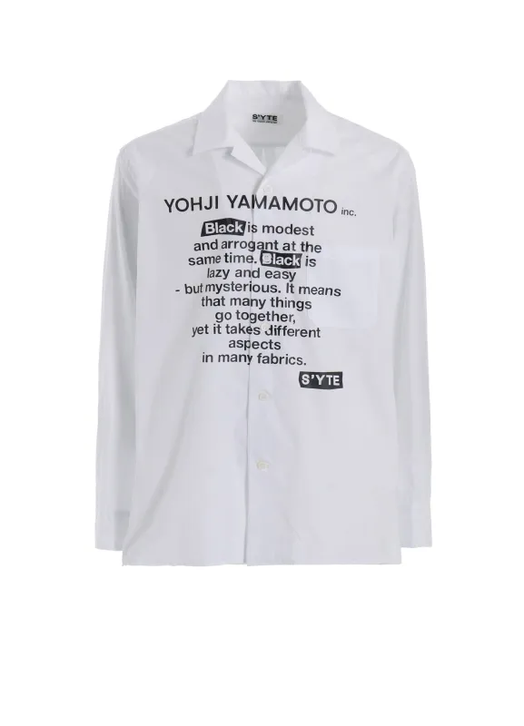 COTTON BROAD「Black is modest」MESSAGE PRINTED SHIRT sold by Yohji Yamamoto