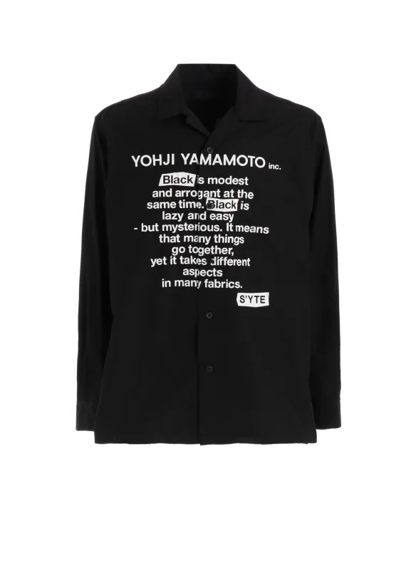 COTTON BROAD「Black is modest」MESSAGE PRINTED SHIRT sold by Yohji Yamamoto