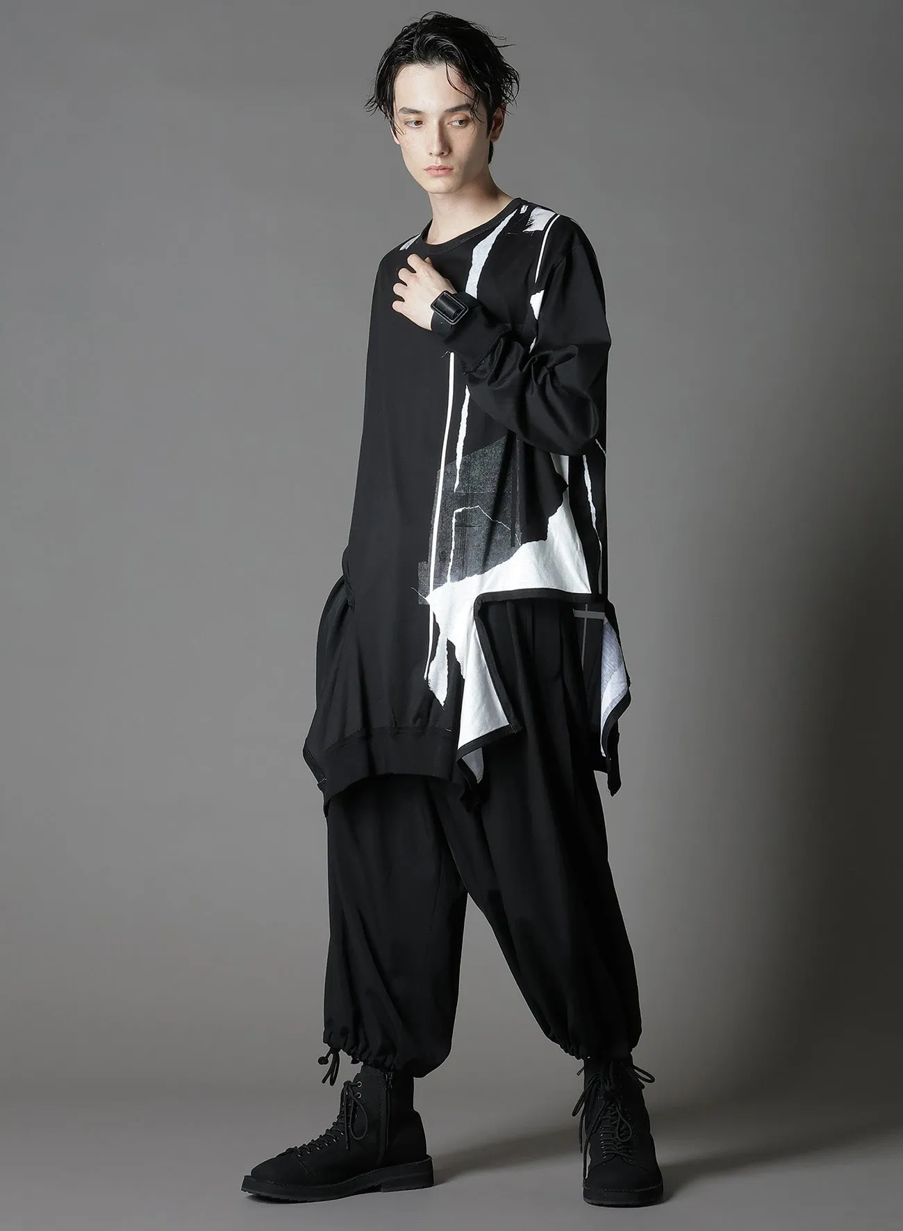COTTON JERSEY TORN PATTERN SLASH PIPING T-SHIRT sold by Yohji Yamamoto product image thumbnail 3
