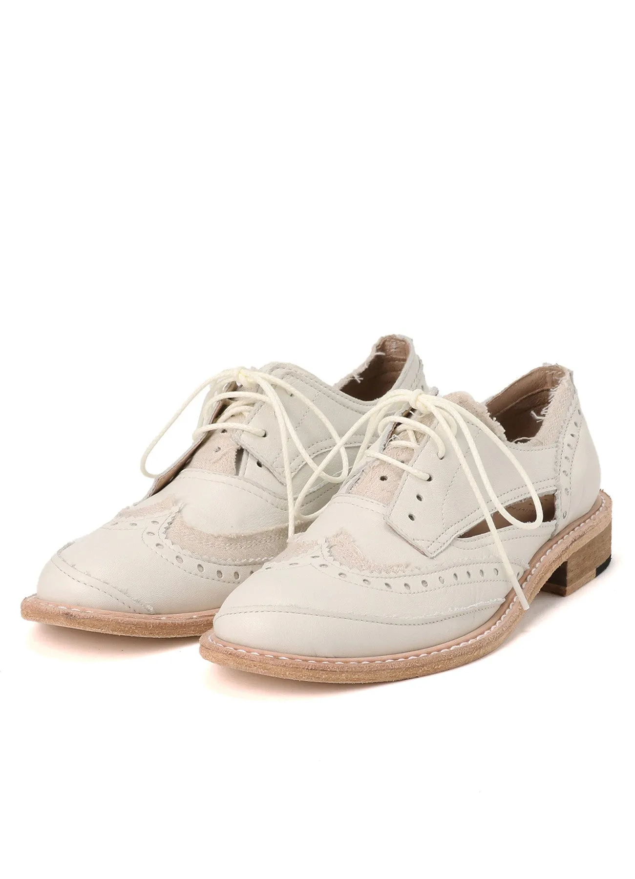 COTTON LINEN/LEATHER COMBINATION WING CHIP SHOES sold by Yohji Yamamoto