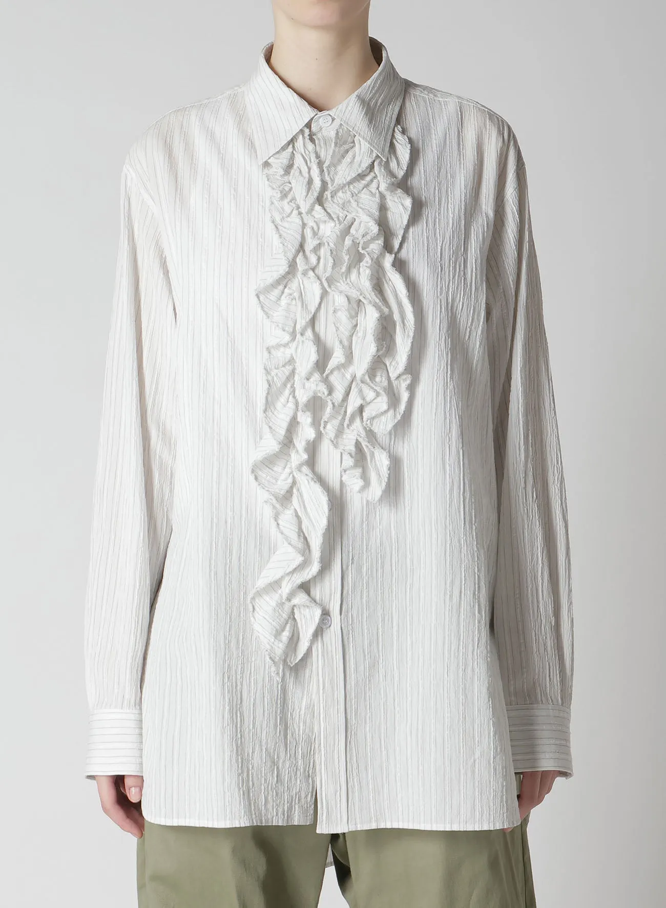 COTTON VOILE UNTRIMMED FRILL STRIPE BLOUSE sold by Yohji Yamamoto product image thumbnail 4
