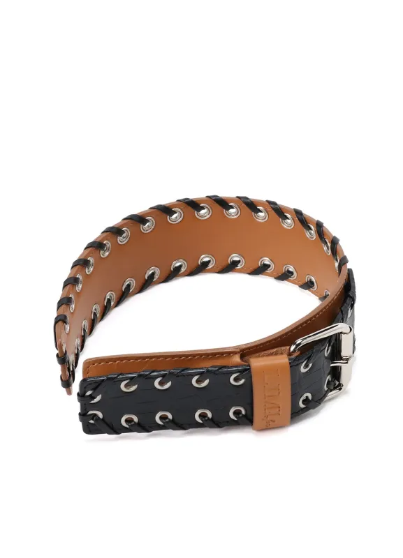 KIP+ CROCODILE LEATHER CODE LOOP EYELET HEADBAND sold by Yohji Yamamoto