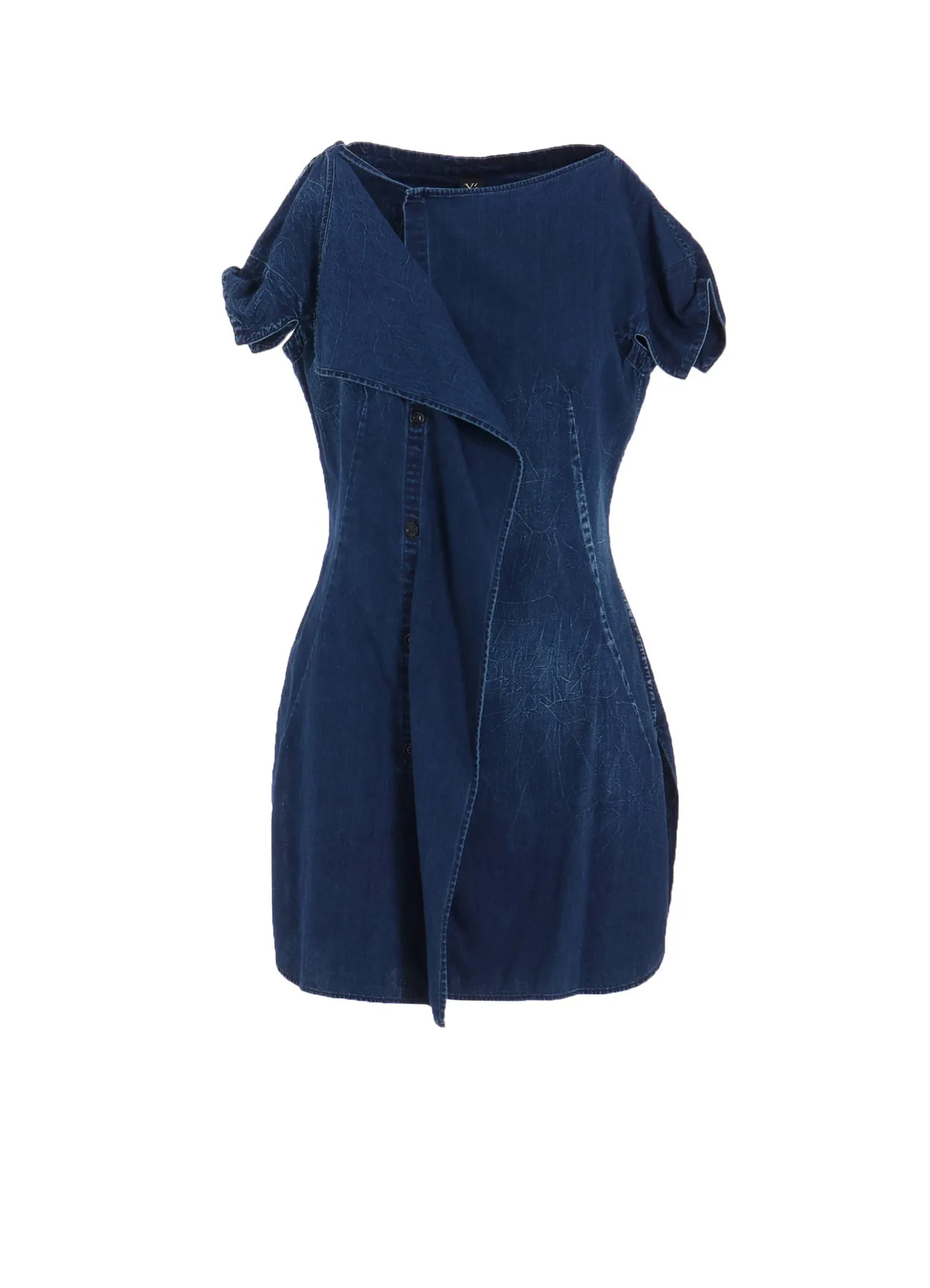 6OZ BLEACHED VINTAGE LIKE DENIM RIGHT SIDE DRAPE BLOUSE sold by Yohji Yamamoto