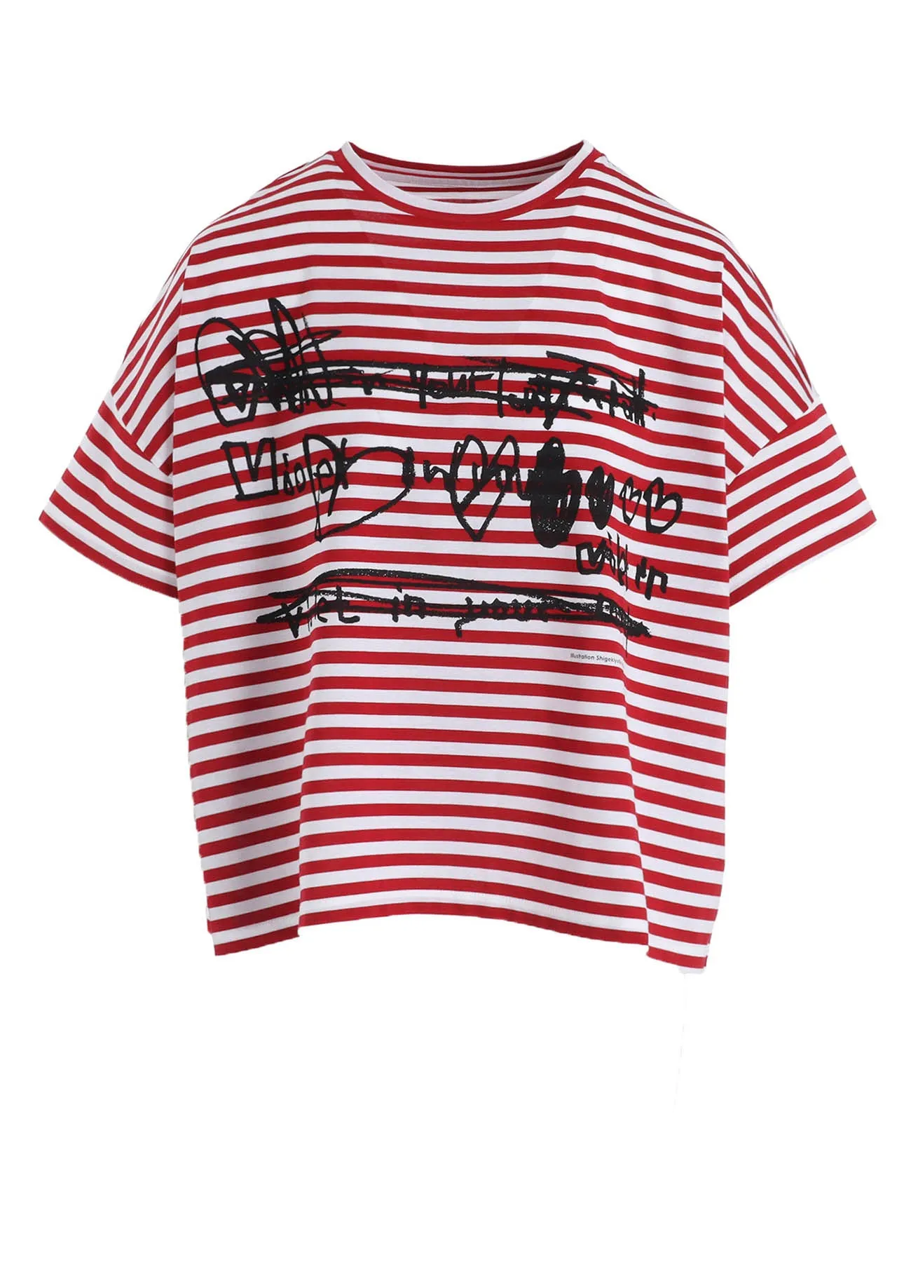 60/2 COTTON JERSEY BORDER HEART PRINT WIDE SHORT SHIRT sold by Yohji Yamamoto