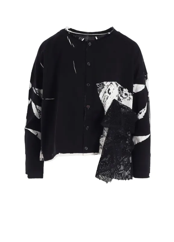COTTON LACE/PRINT SIDE POCKET CROPPED CARDIGAN sold by Yohji Yamamoto
