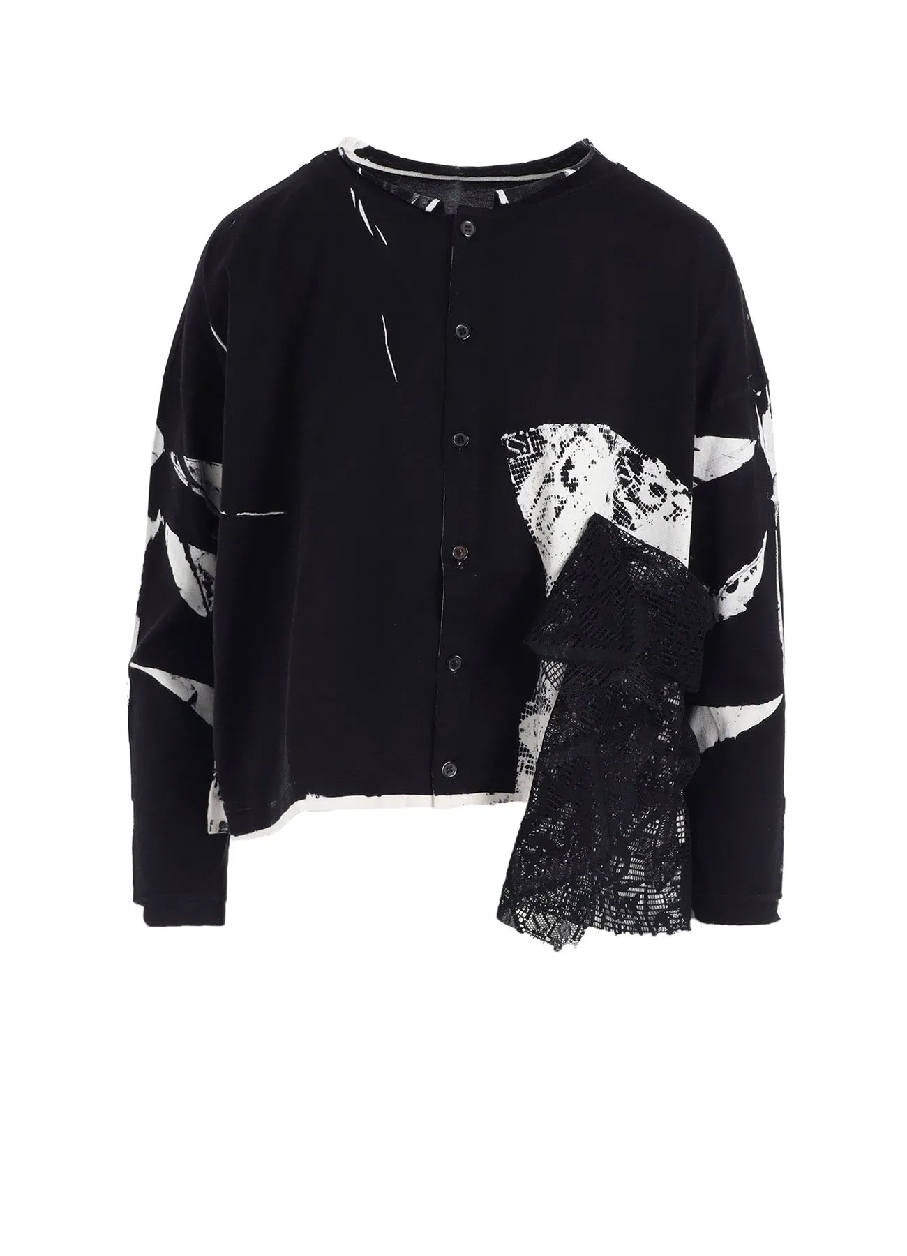 COTTON LACE/PRINT SIDE POCKET CROPPED CARDIGAN sold by Yohji Yamamoto