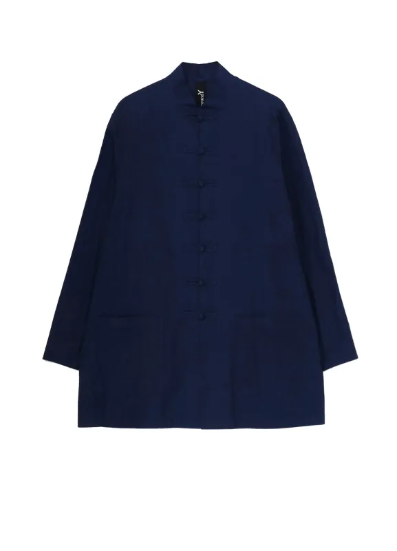 INDIGO DYED COTTON LINEN SHEETING SHAKA BUTTON STAND COLLAR SHIRT sold by Yohji Yamamoto