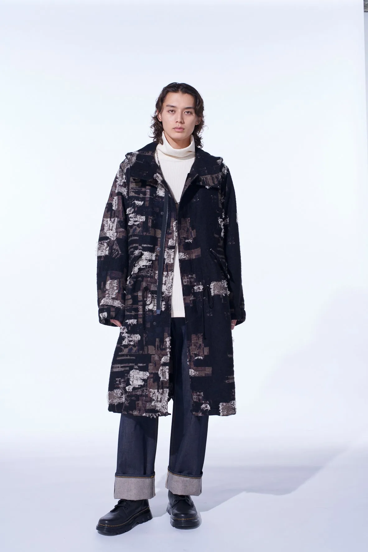 PATCHWORK CUT JACQUARD HOODED COAT sold by Yohji Yamamoto product image thumbnail 2