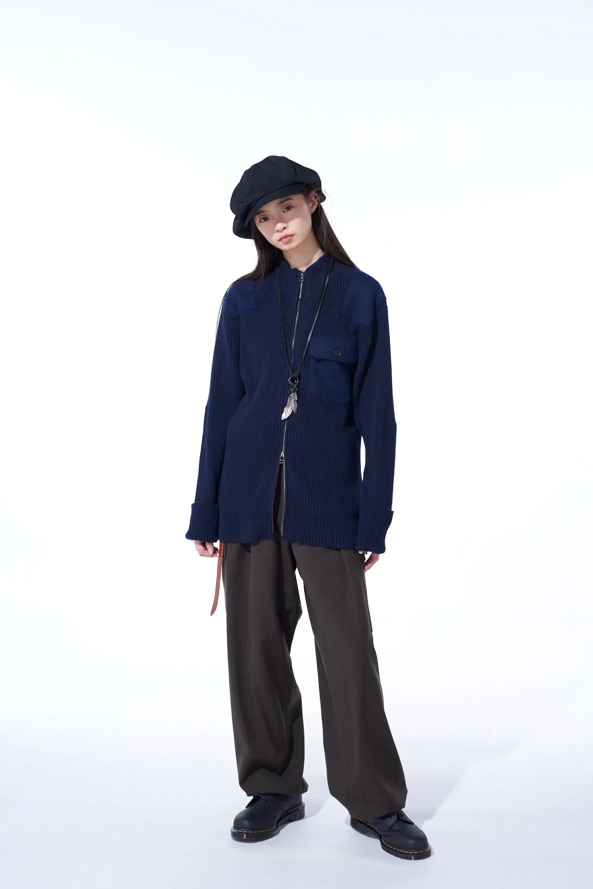 7G WOOL COTTON RIB ZIP-UP WITH FLANNEL SHOULDER AND ELBOW PATCHES sold by Yohji Yamamoto product image thumbnail 2