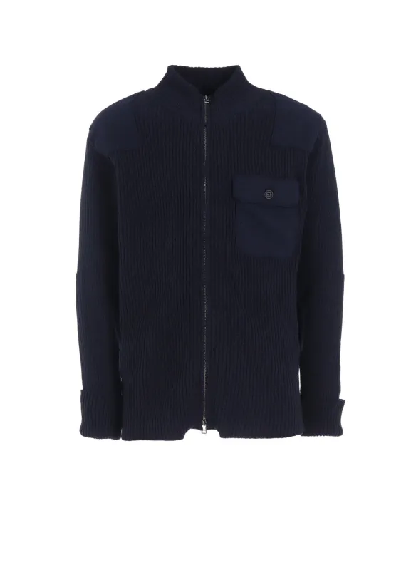 7G WOOL COTTON RIB ZIP-UP WITH FLANNEL SHOULDER AND ELBOW PATCHES sold by Yohji Yamamoto