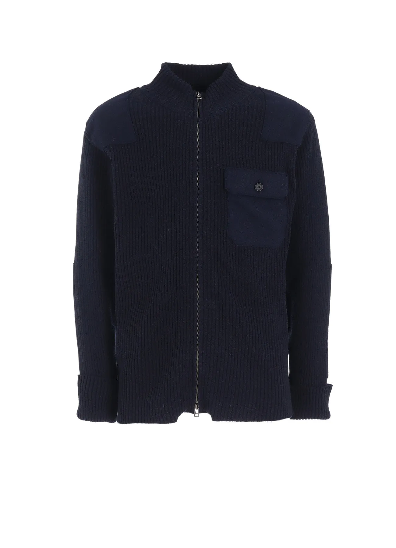 7G WOOL COTTON RIB ZIP-UP WITH FLANNEL SHOULDER AND ELBOW PATCHES sold by Yohji Yamamoto