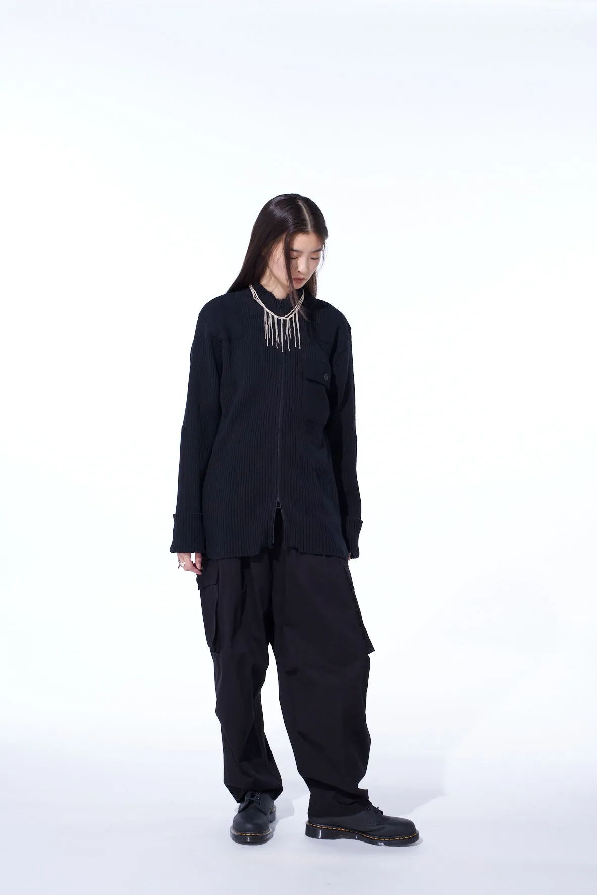 7G WOOL COTTON RIB ZIP-UP WITH FLANNEL SHOULDER AND ELBOW PATCHES sold by Yohji Yamamoto product image thumbnail 5