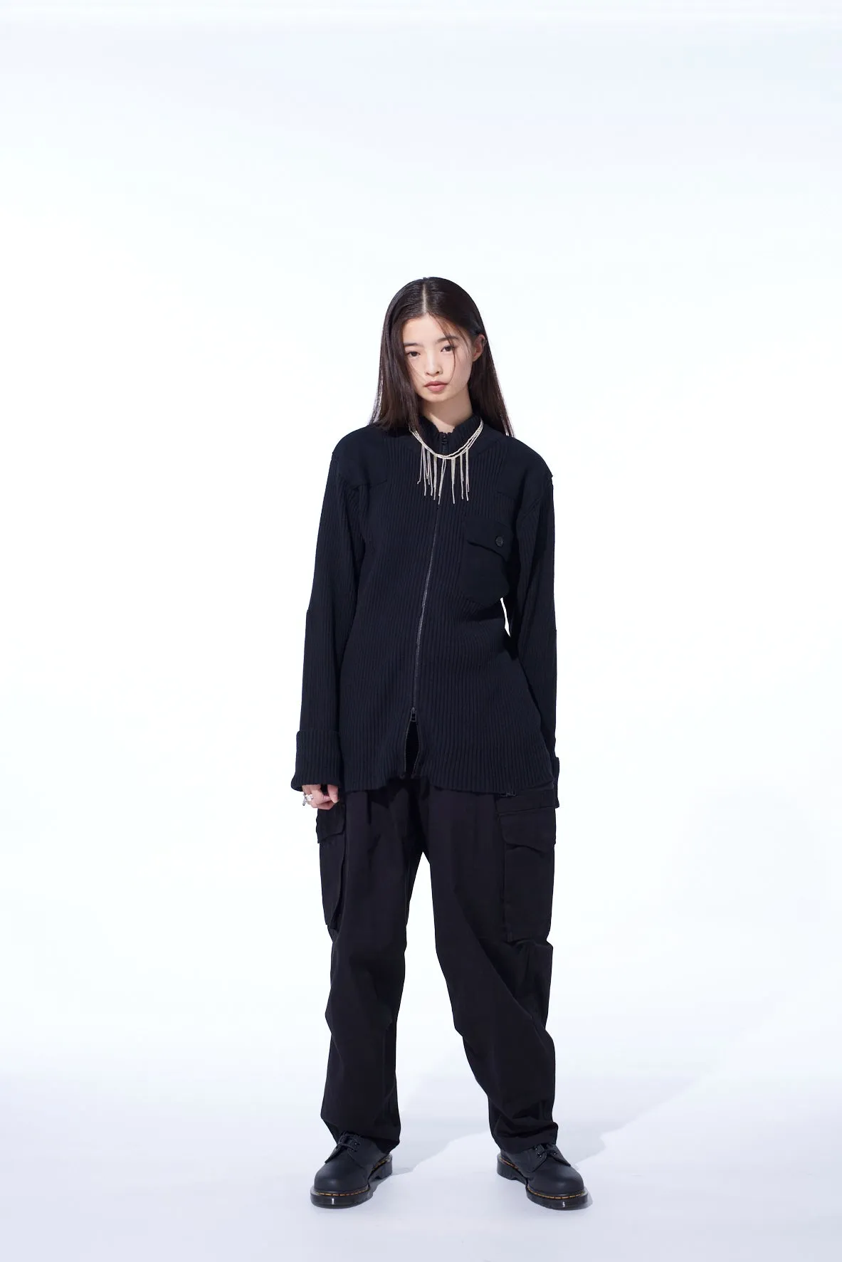7G WOOL COTTON RIB ZIP-UP WITH FLANNEL SHOULDER AND ELBOW PATCHES sold by Yohji Yamamoto product image thumbnail 2