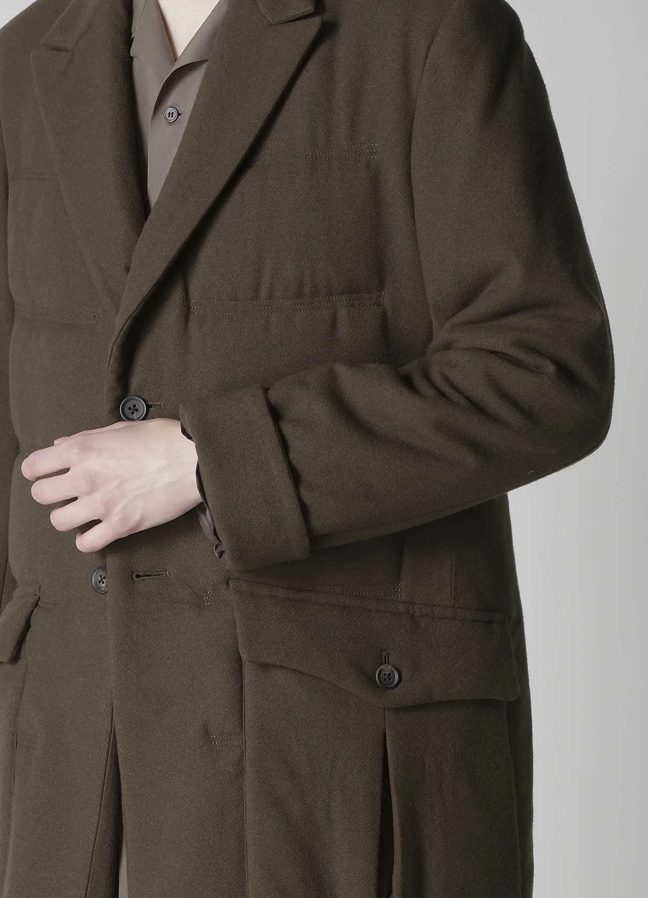 FLANNEL KHAKI 2BUTTONS PADDED LONG JACKET sold by Yohji Yamamoto product image thumbnail 4