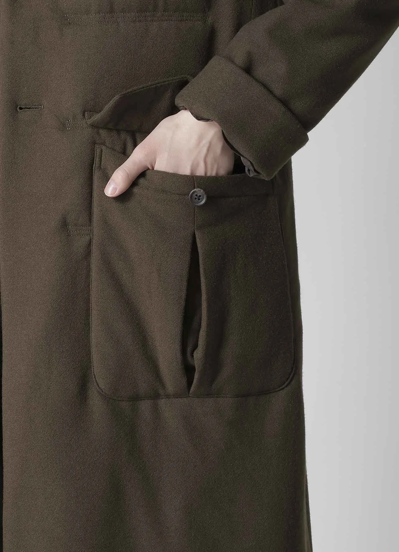 FLANNEL KHAKI 2BUTTONS PADDED LONG JACKET sold by Yohji Yamamoto product image thumbnail 5