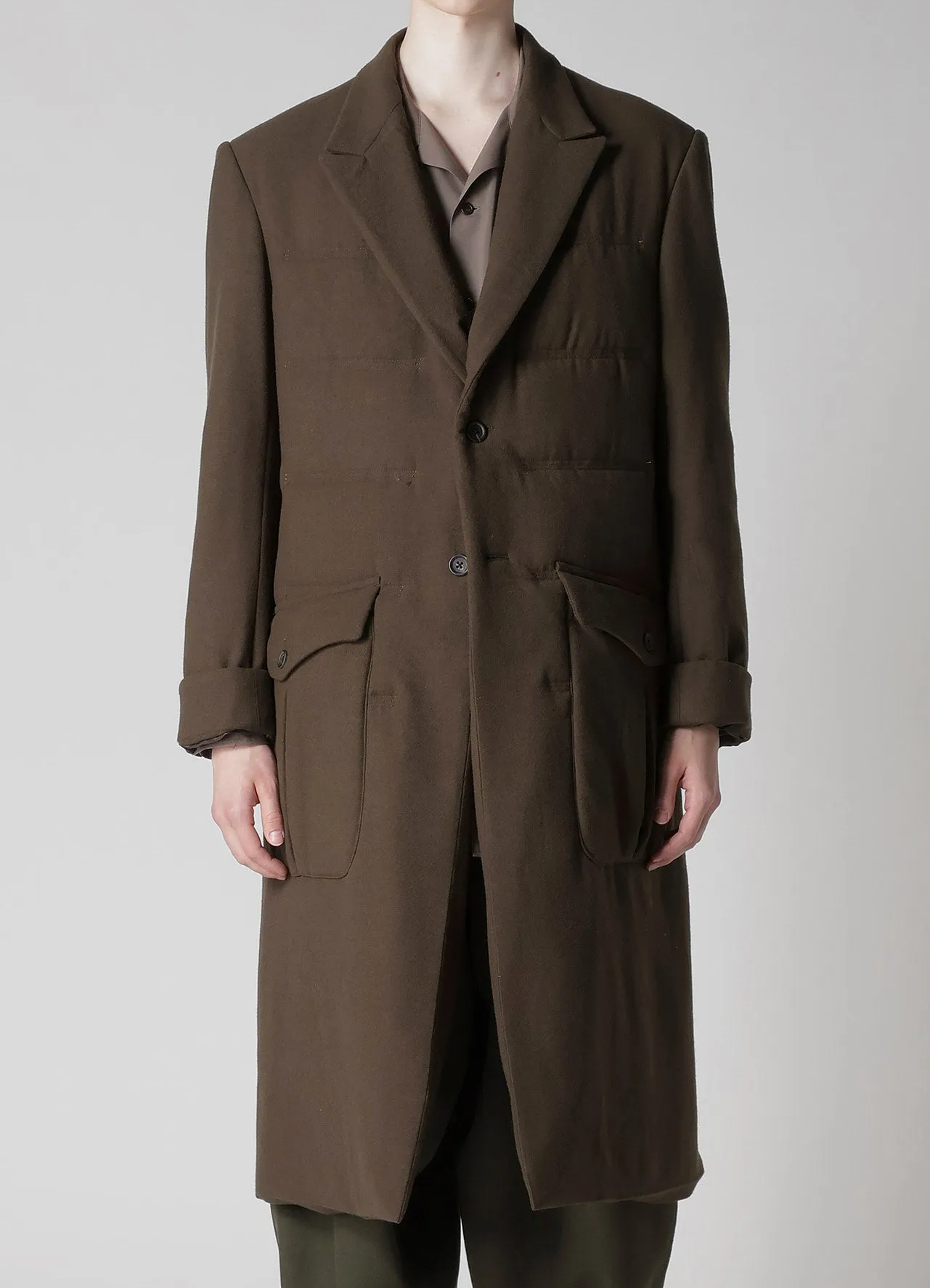 FLANNEL KHAKI 2BUTTONS PADDED LONG JACKET sold by Yohji Yamamoto product image thumbnail 2