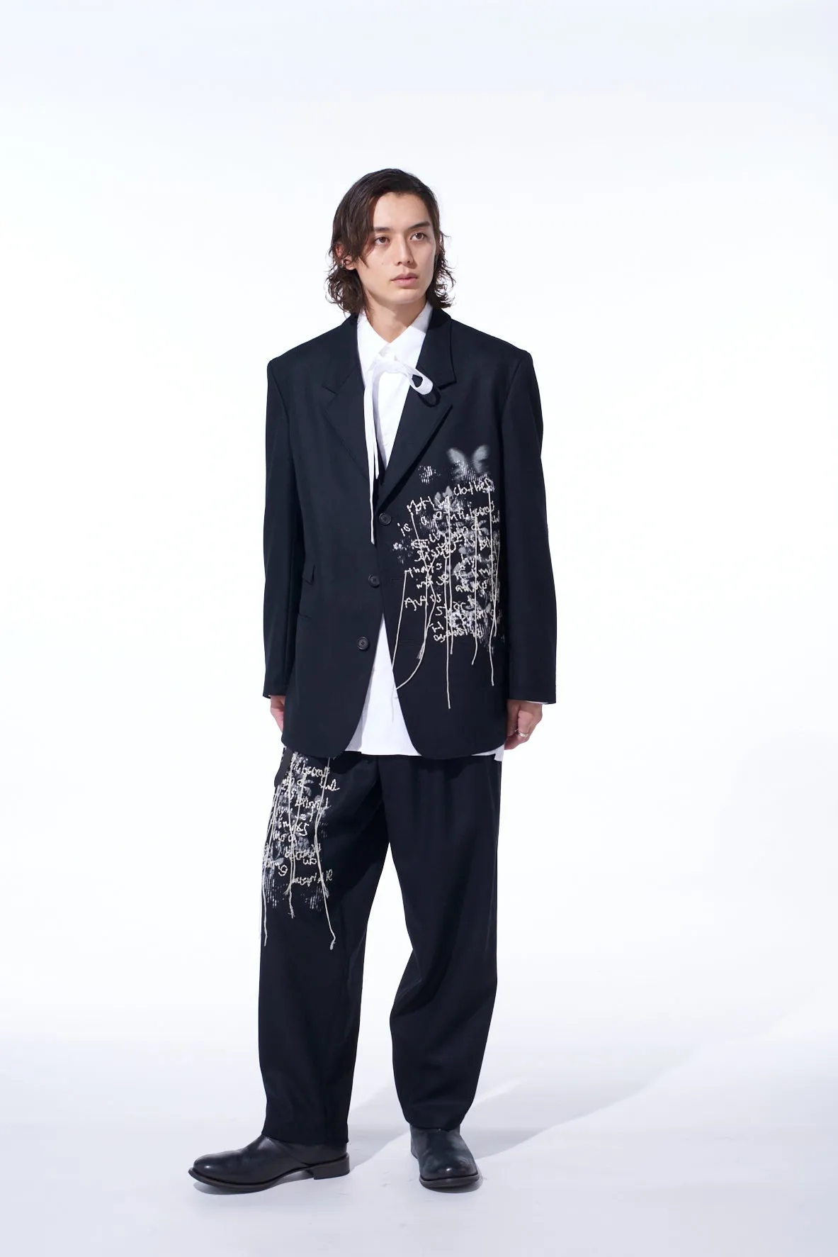 LAMB WOOL PRINTED MESSEGE EMBROIDERY 2 TUCK SUSPENDER PANTS sold by Yohji Yamamoto product image thumbnail 2