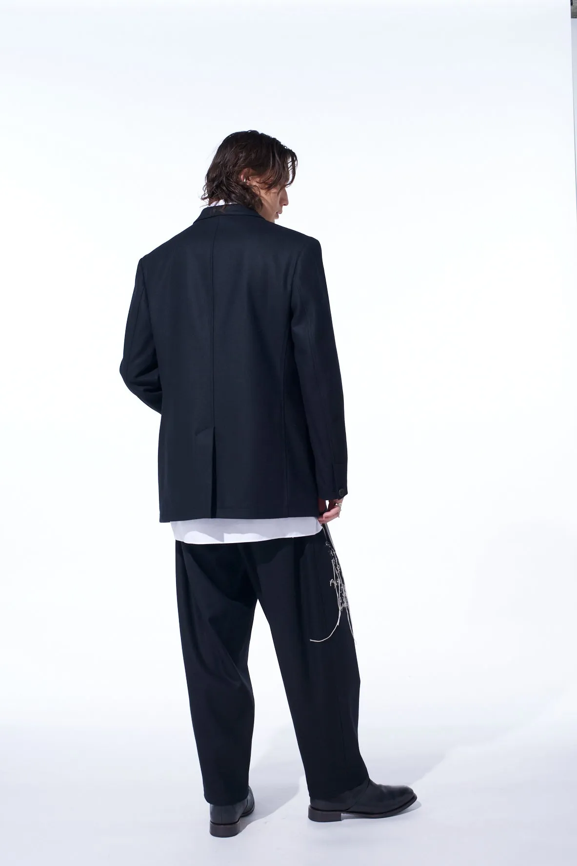 LAMB WOOL PRINTED MESSEGE EMBROIDERY 2 TUCK SUSPENDER PANTS sold by Yohji Yamamoto product image thumbnail 4