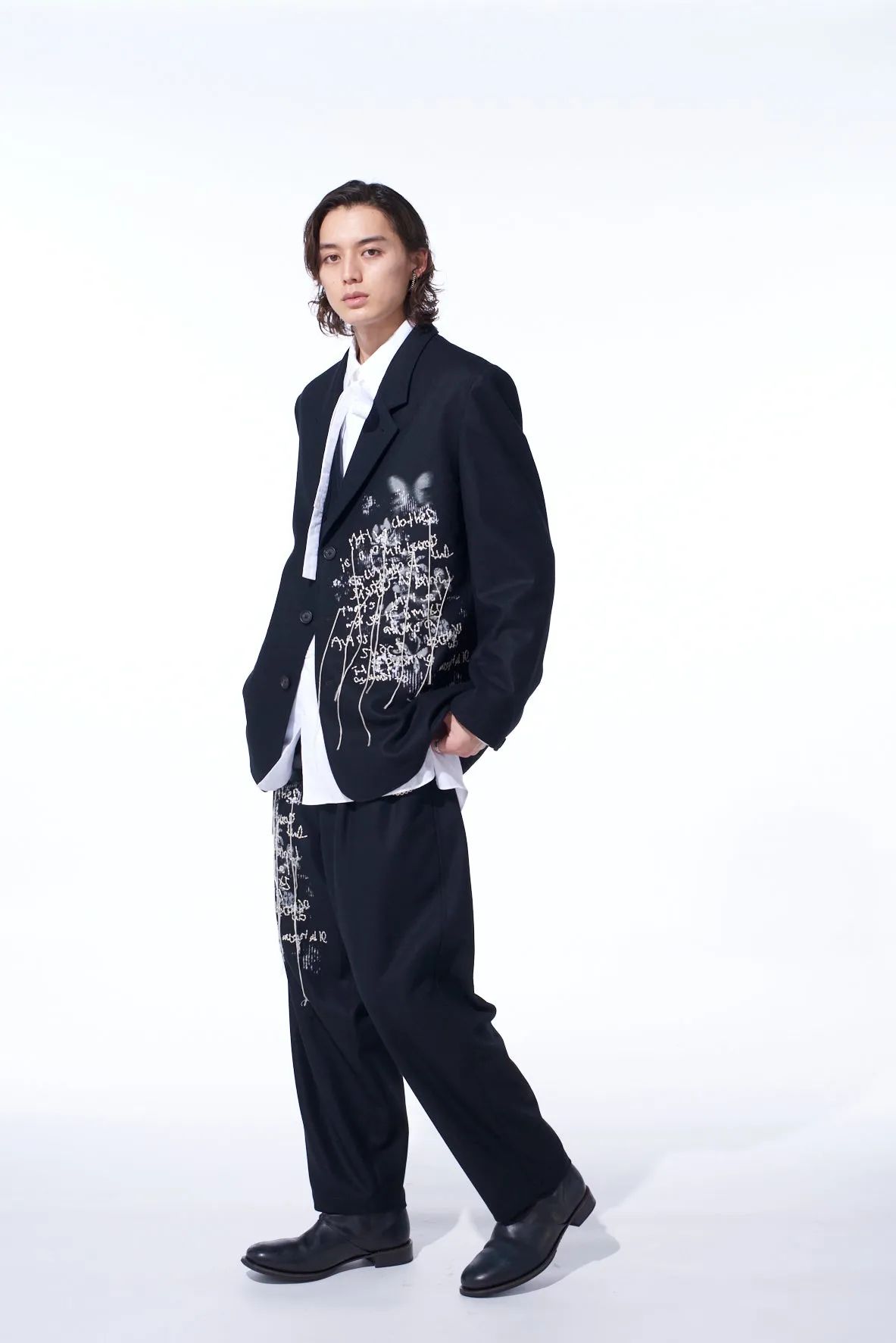LAMB WOOL PRINTED MESSEGE EMBROIDERY 2 TUCK SUSPENDER PANTS sold by Yohji Yamamoto product image thumbnail 3
